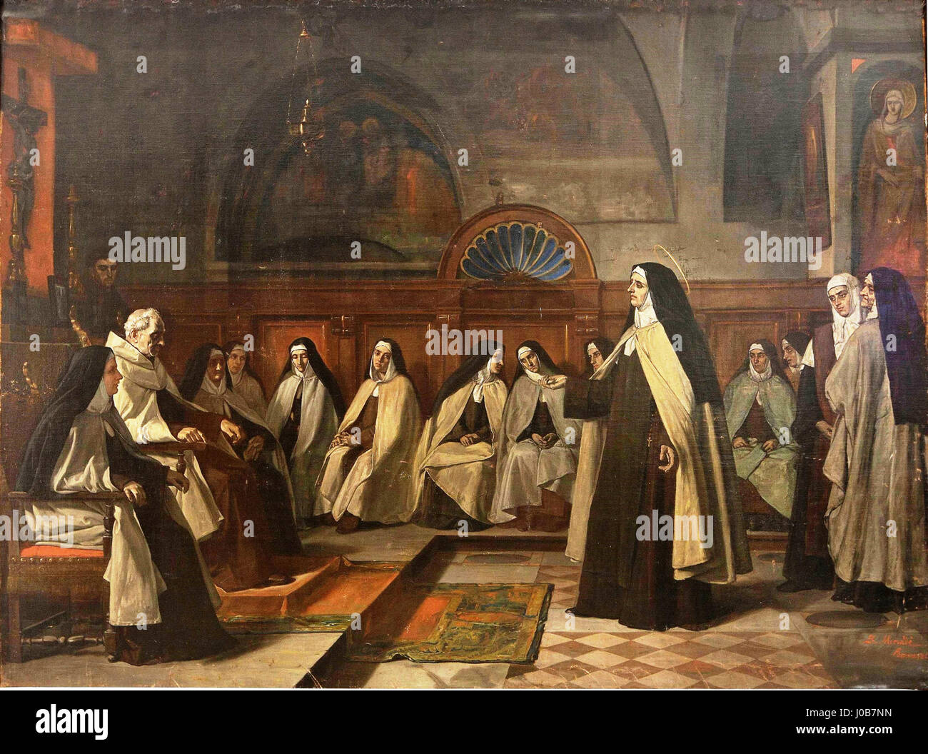 Il dipinto di Benito Mercadé "Santa Teresa de Jesús" raffigura la mistica e riformatrice spagnola Santa Teresa di Ávila. L'opera sottolinea l'intensità spirituale della santa, catturando la sua profonda devozione religiosa. Il dipinto è ospitato nel Museo del Prado e mostra l'abilità di Mercadé nella ritrattistica religiosa. Foto Stock