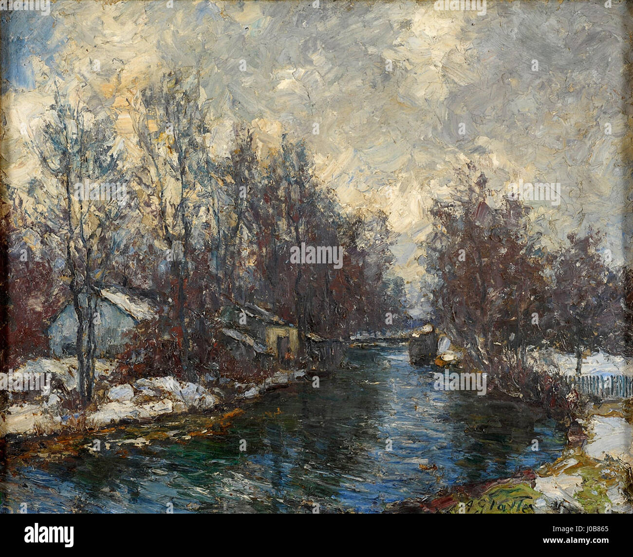 Il "Partie bei München" di Adolf Glatte raffigura una scena rurale all'aperto vicino a Monaco, concentrandosi su un gruppo impegnato in un gioco o attività ricreative. La composizione riflette l'abilità di Glatte nel catturare l'interazione dinamica tra le figure e il paesaggio naturale. Foto Stock