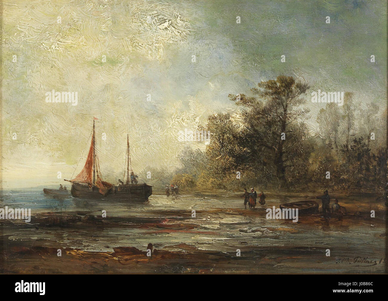 "Botte am Seeufer" di Josef Püttner presenta una tranquilla scena sul lago, concentrandosi su barche e riflessioni, tipiche del romanticismo tedesco nel XIX secolo. Foto Stock