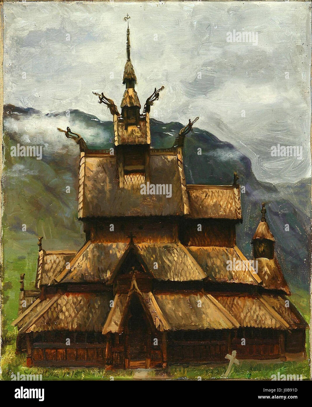 "Borgund Stave Church" di Agnes Slott-Möller (1915): Questo dipinto raffigura l'iconica chiesa di Borgund Stave in Norvegia, un notevole esempio di architettura scandinava medievale, che mostra il suo design unico in legno e il suo significato storico. Foto Stock