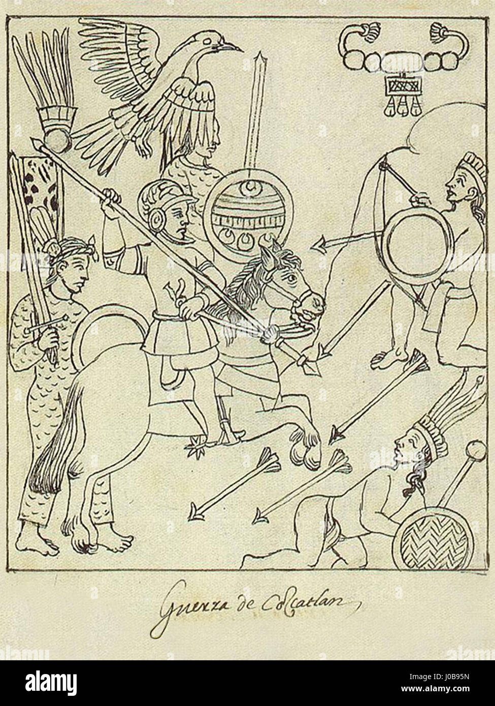 La Guerra de Cuzcatlán si riferisce alla guerra combattuta tra gli spagnoli e gli indigeni Cuzcatlán nel XVI secolo. Questo conflitto segnò un momento significativo nella storia di El Salvador, evidenziando la resistenza contro la conquista spagnola. Foto Stock