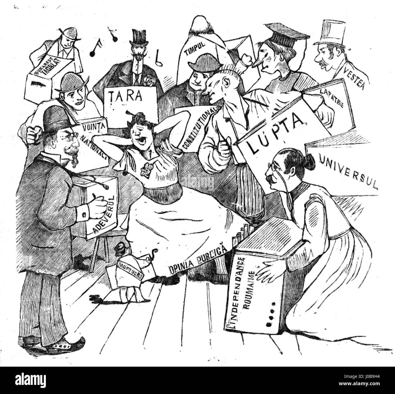 L'opera d'arte di Constantin Jiquidi, 'un Concert-monstru saC5AD supliciul uneC4D 'femeC4D... De strada", mostra un'illustrazione della rivista rumena "Moftul Român" nel giugno 1893, che riflette il commento sociale. Foto Stock