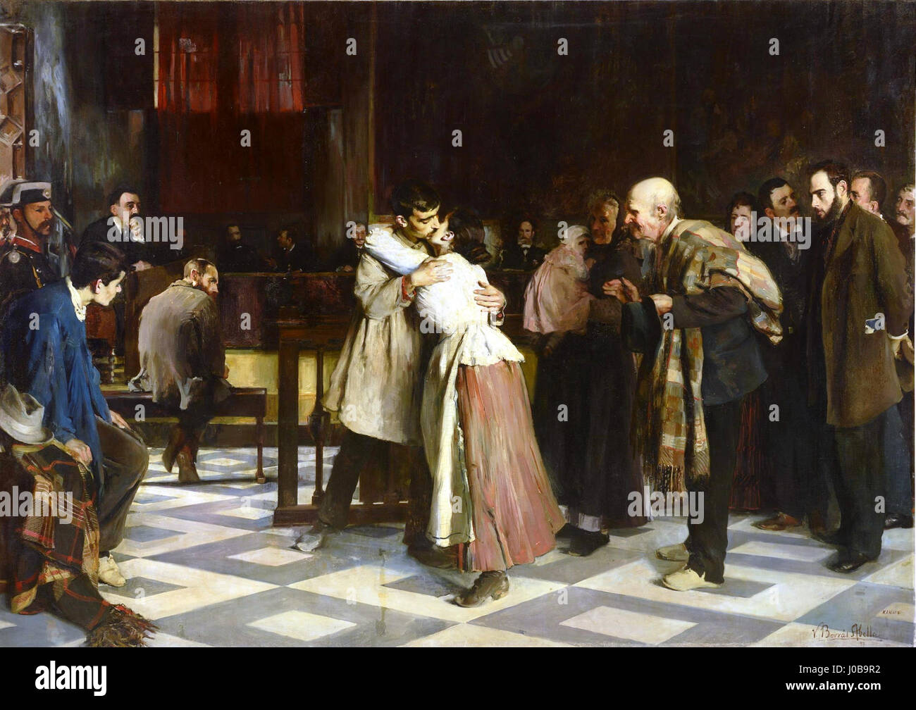 ¡Absuelto! Di Vicente Borràs y Abell, esposto al Museo del Prado, ritrae una drammatica scena legale o storica. L’opera evidenzia la capacità di Borràs di trasmettere emozioni e tensioni attraverso la composizione e l’illuminazione drammatica. Foto Stock