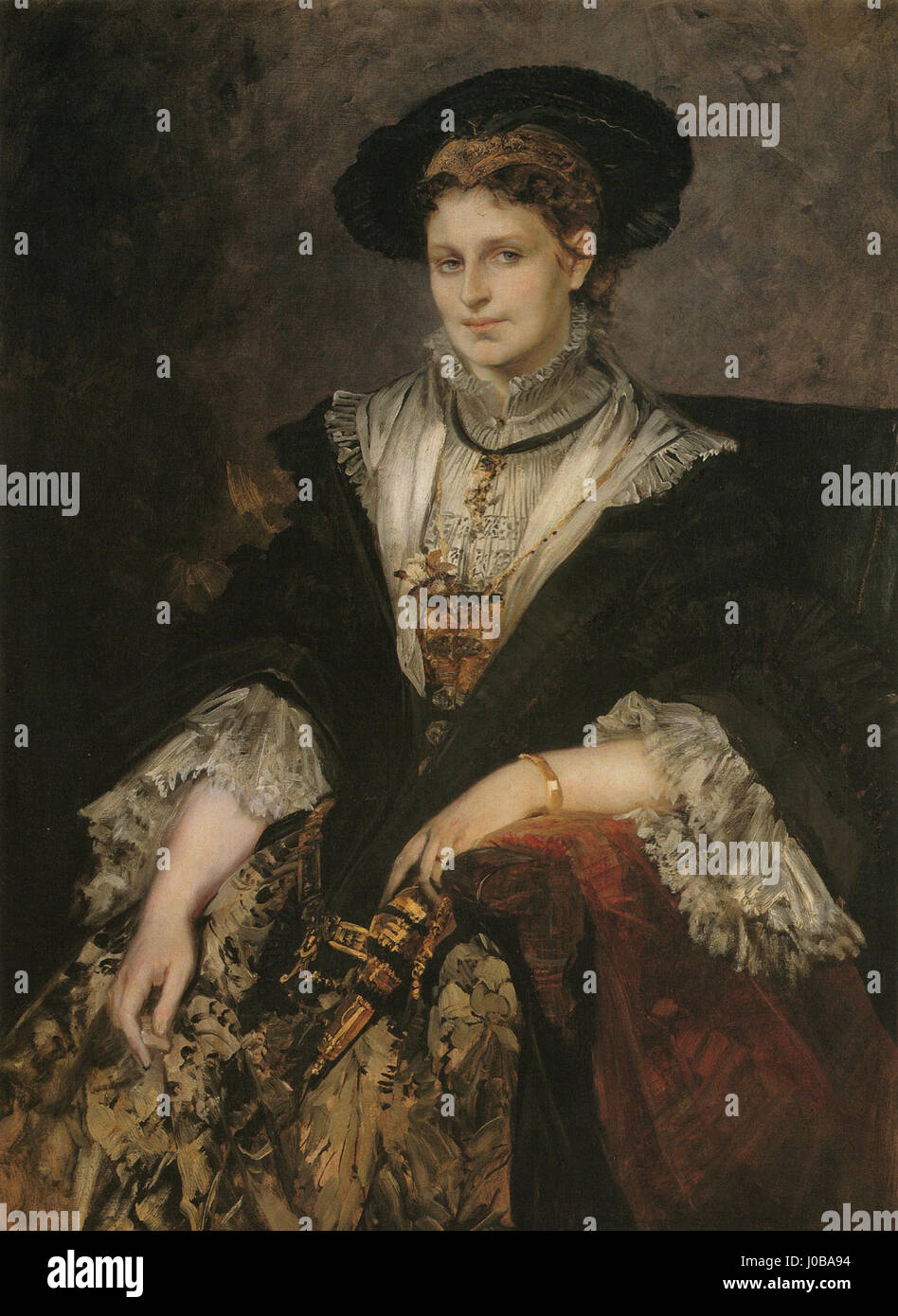 "Makart-Bertha von Piloty" si riferisce a un ritratto di Hans Makart, con Bertha von Piloty, un'attrice nota per i suoi ruoli nel teatro europeo del XIX secolo. Il dipinto mostra la sua eleganza e la sua presenza teatrale. Foto Stock