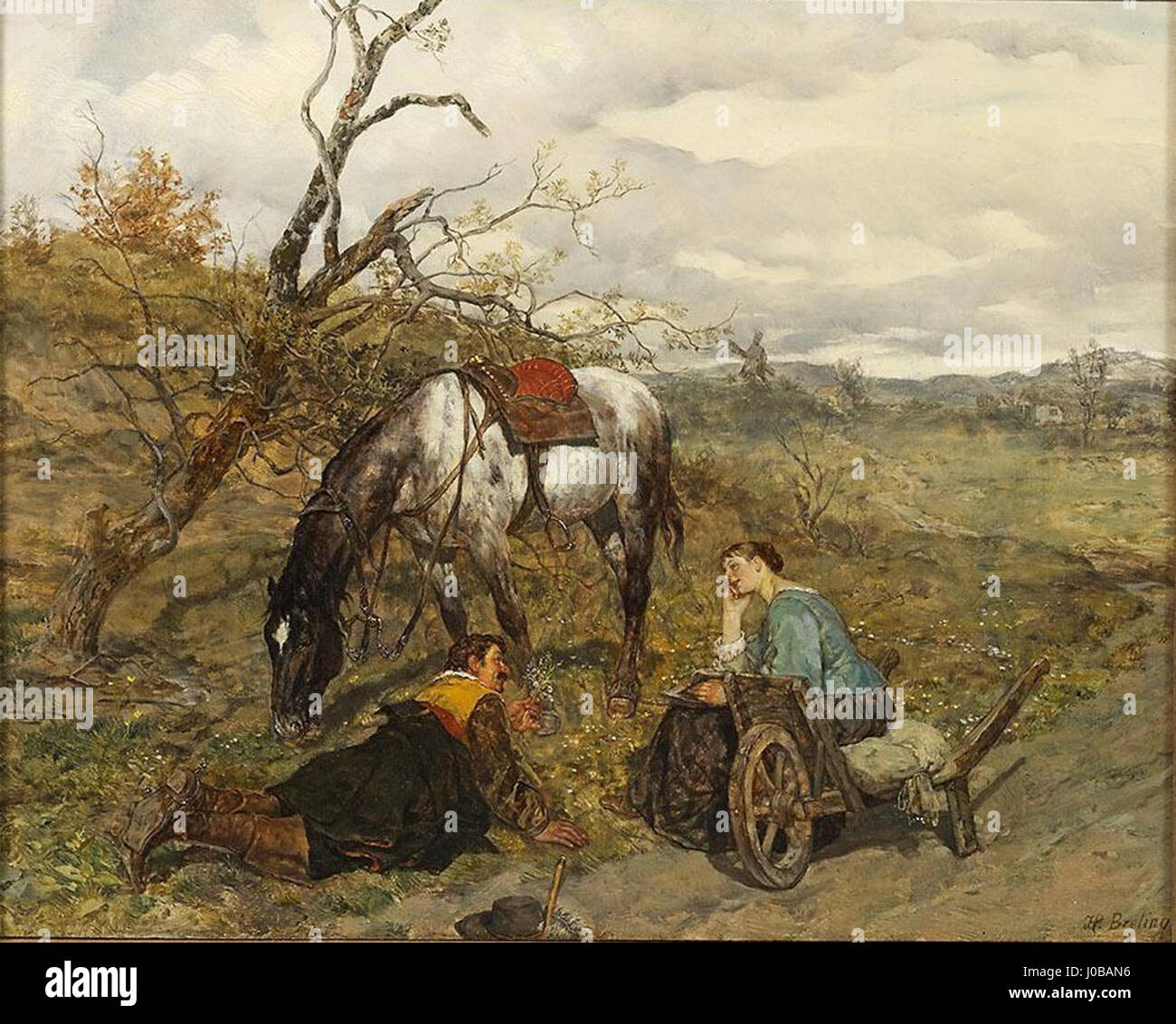 "Edelmann mit junger Bäuerin" (nobile con giovane contadina) di Heinrich Breling ritrae un nobile e contadino in un ambiente rurale, riflettendo il divario sociale tra l'aristocrazia e i contadini nell'Europa del XIX secolo. Foto Stock