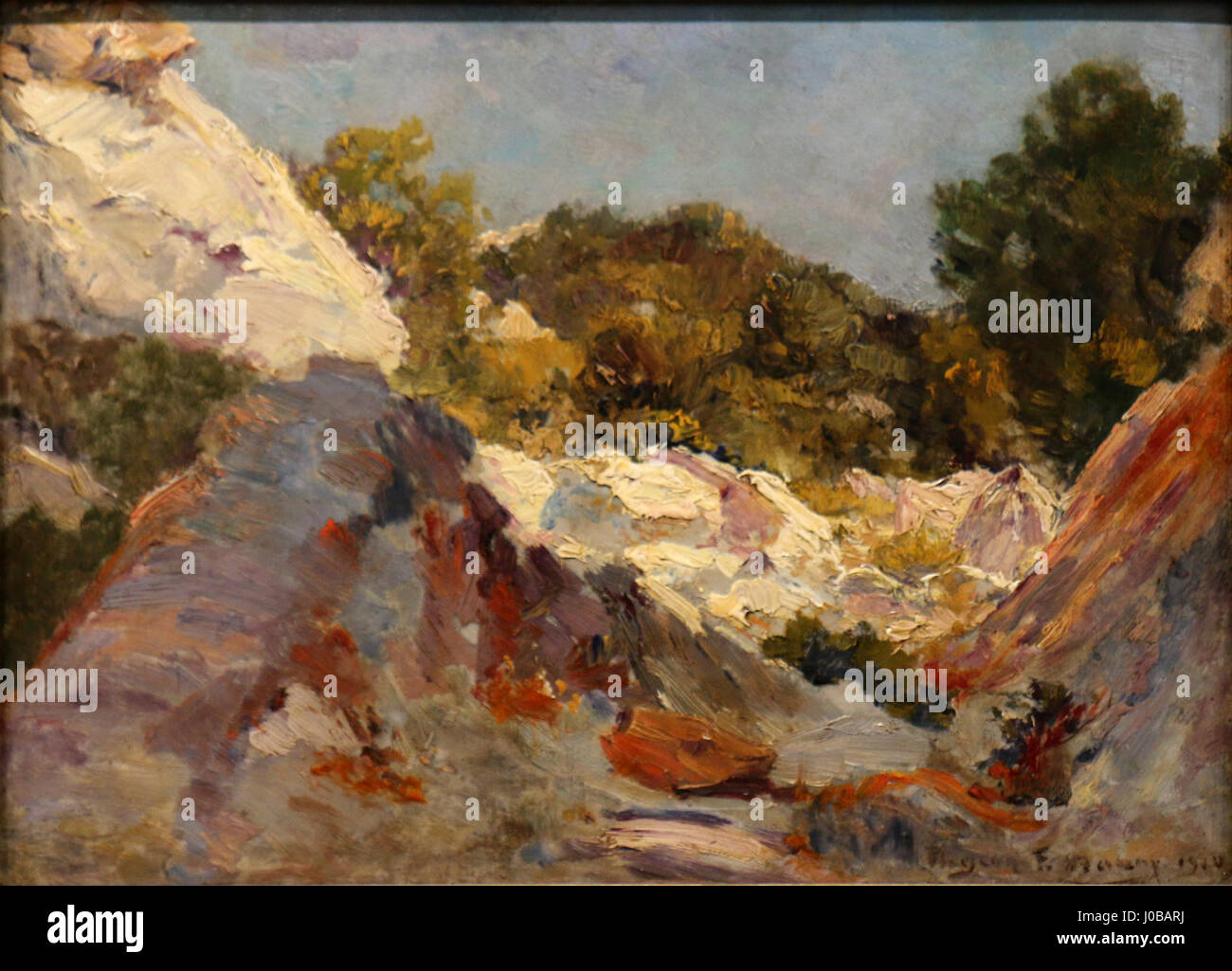 Il "Paysage provenzale" di Francesco Maury cattura un paesaggio rurale della regione della Provenza in Francia. Il dipinto mette in evidenza la bellezza naturale della zona con colline ondulate, campi e un cielo vibrante, che riflette la tranquilla vita rurale della Provenza. Foto Stock