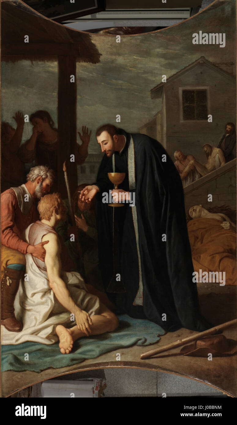 "San Francisco de Regis dando la comunión a un tullido" raffigura San Francesco di Regis che amministra la comunione a un uomo disabile. Il pezzo, ospitato nel Museo del Prado, mette in evidenza la compassione del santo e il sacro atto di comunione. Foto Stock
