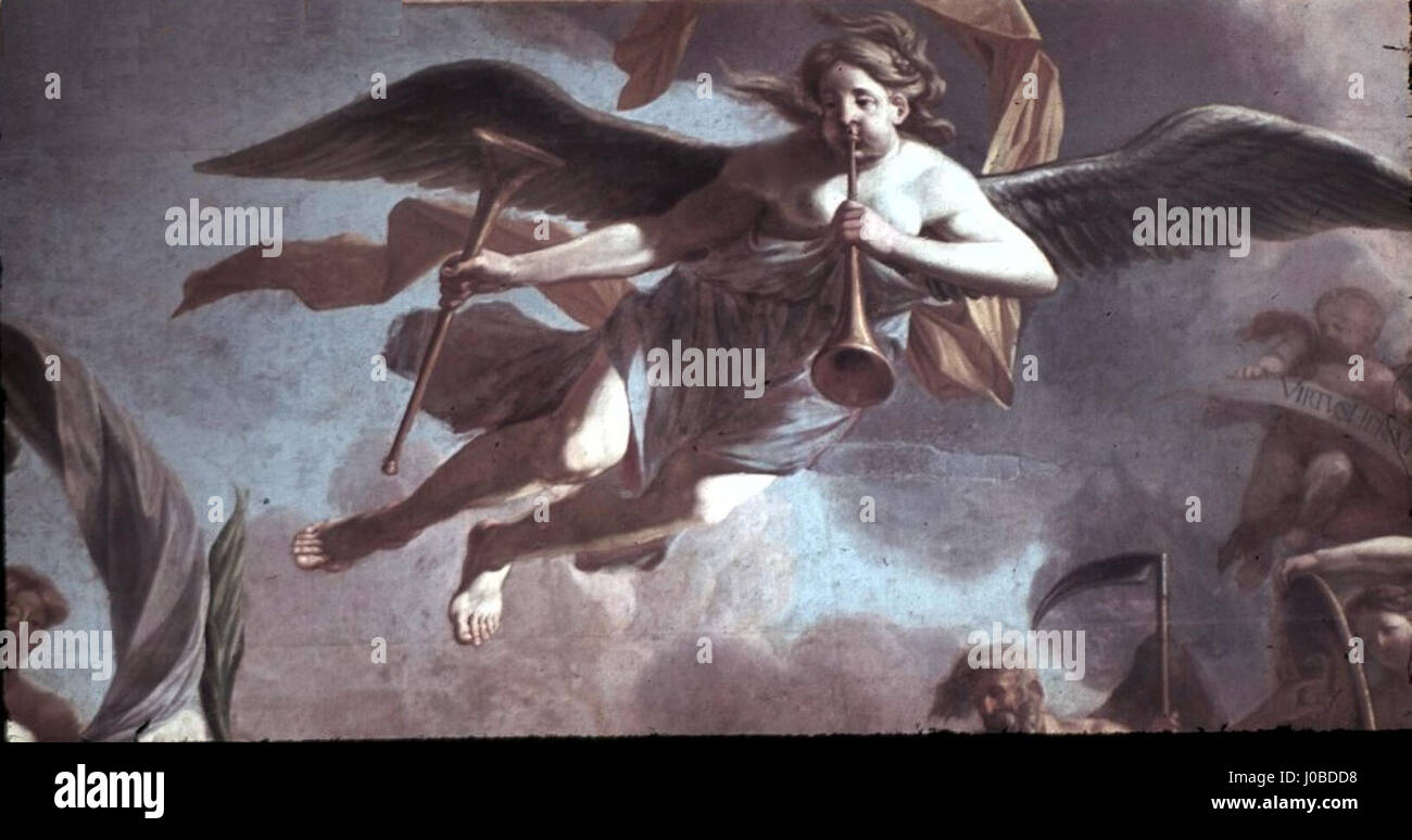 Questo dipinto di Paul Carl Leygebe, raffigurante il trionfo del grande Elettore, fa parte di un'opera più grande esposta nello Stadtschloss Potsdam. Il dettaglio mostra "Flying Fame" nell'angolo in alto a destra, simboleggiando la vittoria e la gloria nel contesto del XVII secolo. Foto Stock