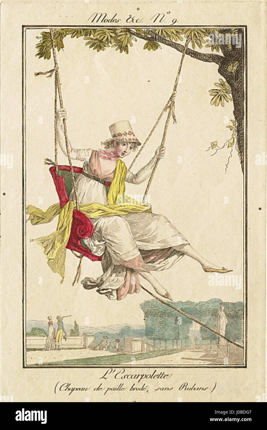 «L'Escarpolette-Chapeau de paille brodé, sans Rubans» è una stampa alla moda del XVIII secolo di Philibert Louis Debucourt. Presenta una donna con un cappello di paglia, senza nastri, seduta su un'altalena, che riflette la moda e lo stile del periodo. Foto Stock