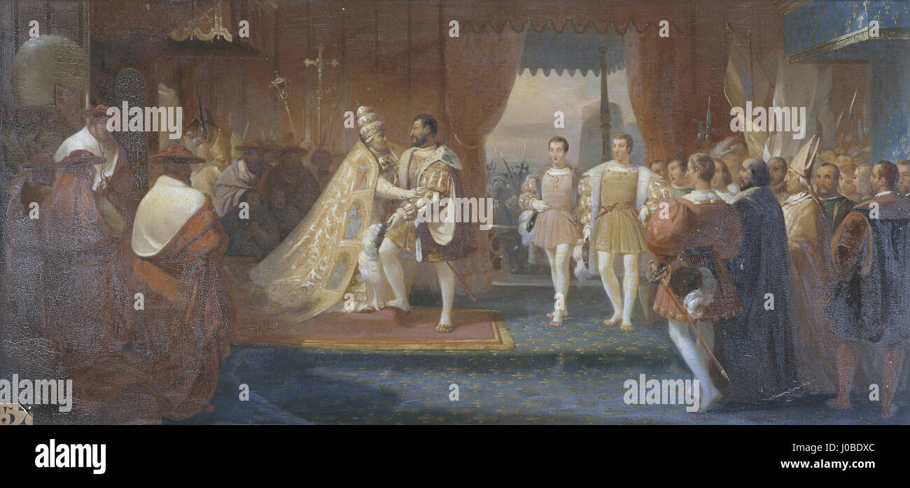Questa opera raffigura lo storico incontro tra il re Francesco i di Francia e Papa Clemente VII, un momento significativo nella storia europea durante il Rinascimento, evidenziando le loro interazioni politiche e religiose. Foto Stock