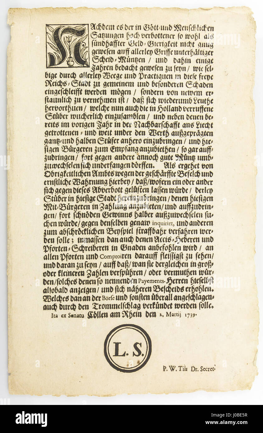 Il termine "Münzverruf 1739" si riferisce all'evento storico di Colonia, in Germania, in cui una determinata valuta è stata chiamata per il riscatto. Ciò faceva parte della politica monetaria del periodo, segnando un punto significativo nella storia economica della regione. Foto Stock