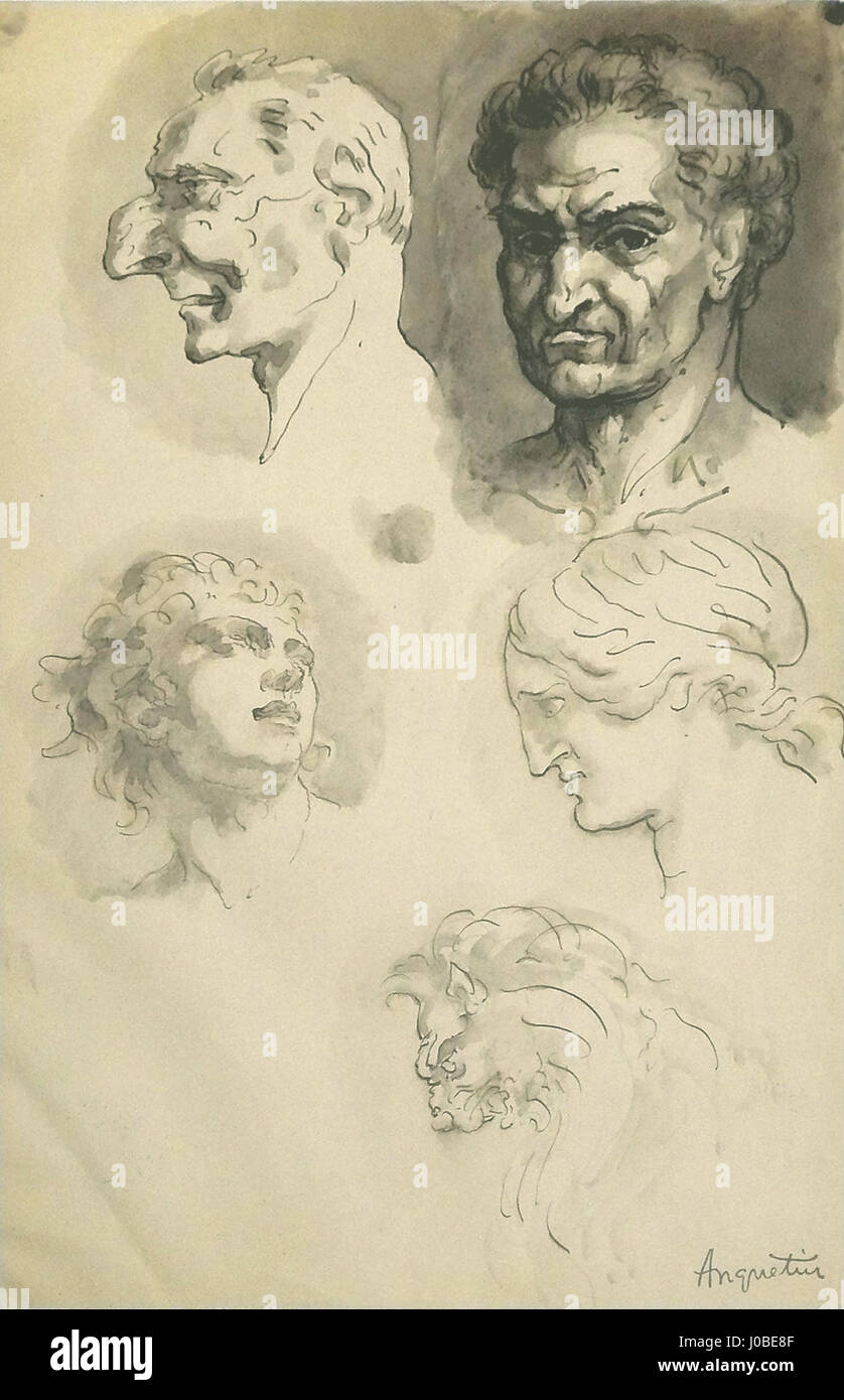 Il disegno a getto d'inchiostro di Louis Anquetin, "Étude de têtes", comprende studi sui volti umani e sulla testa di un leone. Questo pezzo mostra lo stile artistico in evoluzione di Anquetin, influenzato sia dal movimento post-impressionista che dalla sua sperimentazione di forma e consistenza. L'autoritratto presunto aggiunge un elemento personale allo studio. Foto Stock