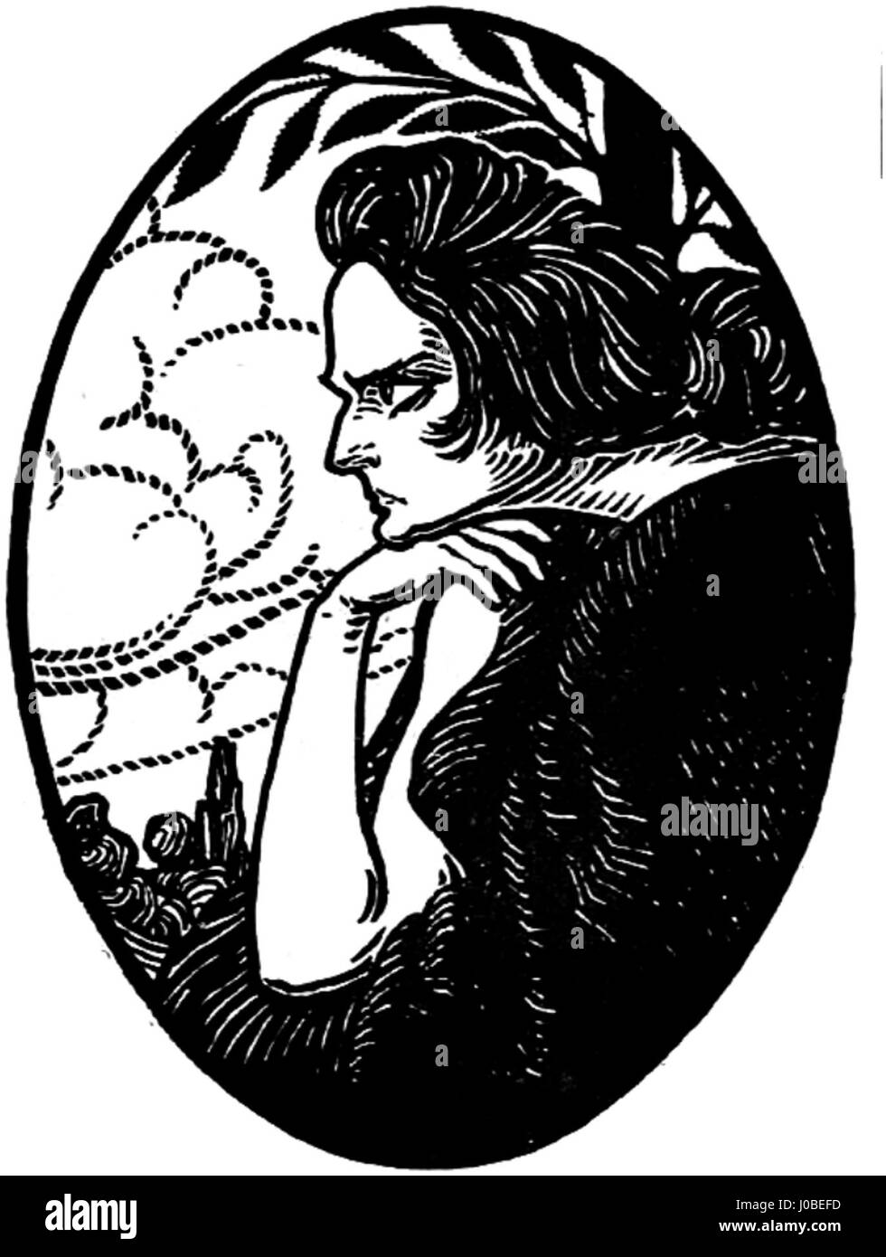 Victor Ion Popa, un artista rumeno, ha creato questo disegno di copertina per la rivista Gândirea, utilizzato per la prima volta nella serie iniziale della rivista, incluso il numero 11, pubblicato il 1 ottobre 1921, raffigurante una donna che personifica il titolo della rivista, "Pensiero", in rumeno. Foto Stock