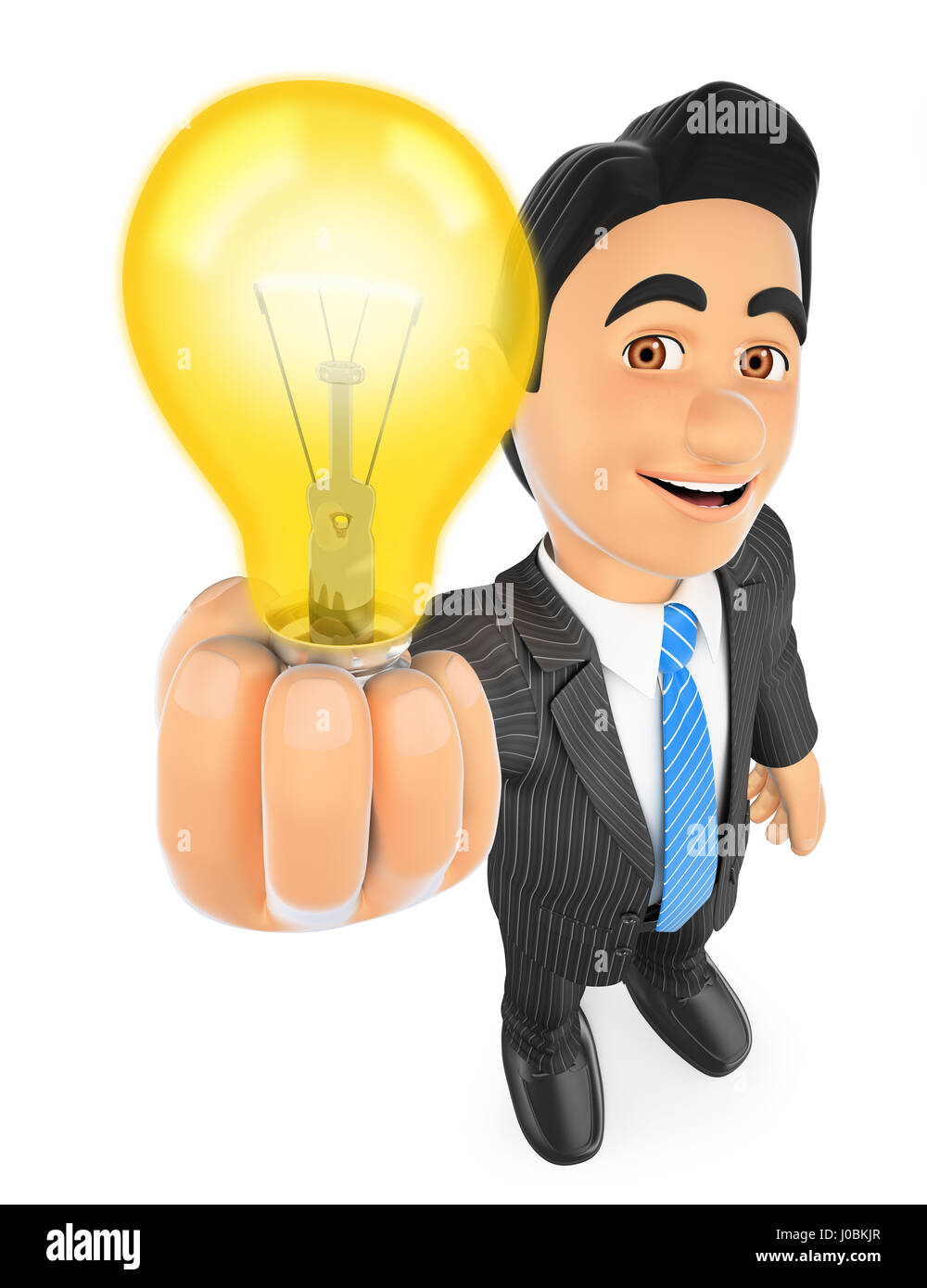 3d business persone illustrazione. Imprenditore con un accesa la lampada della luce. Idea concetto. Isolato sullo sfondo bianco. Foto Stock