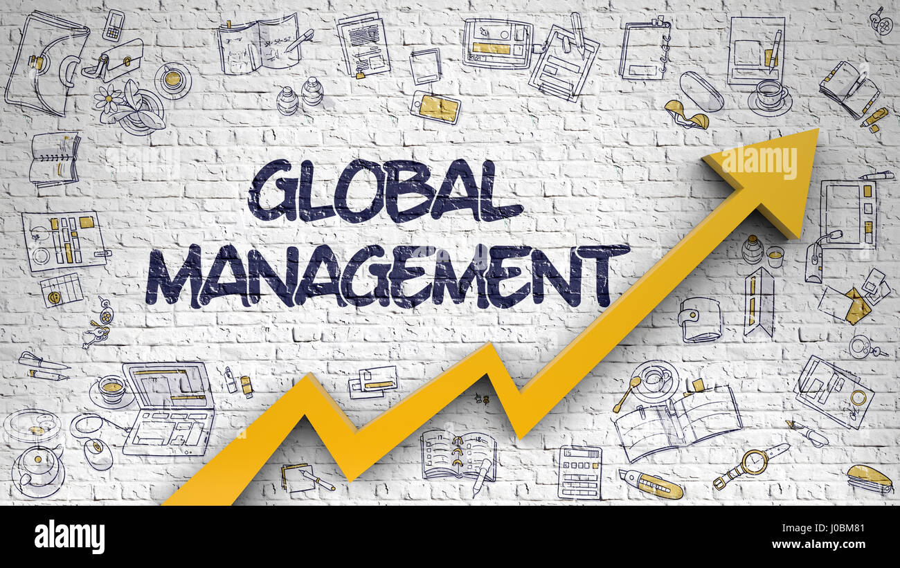 Global Management Disegnato su bianco muro di mattoni. 3d. Foto Stock