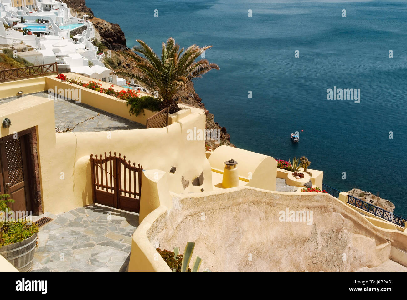 Vista panoramica sul mar mediterraneo.architettura tradizionale di Oia - Santorini, Grecia Foto Stock