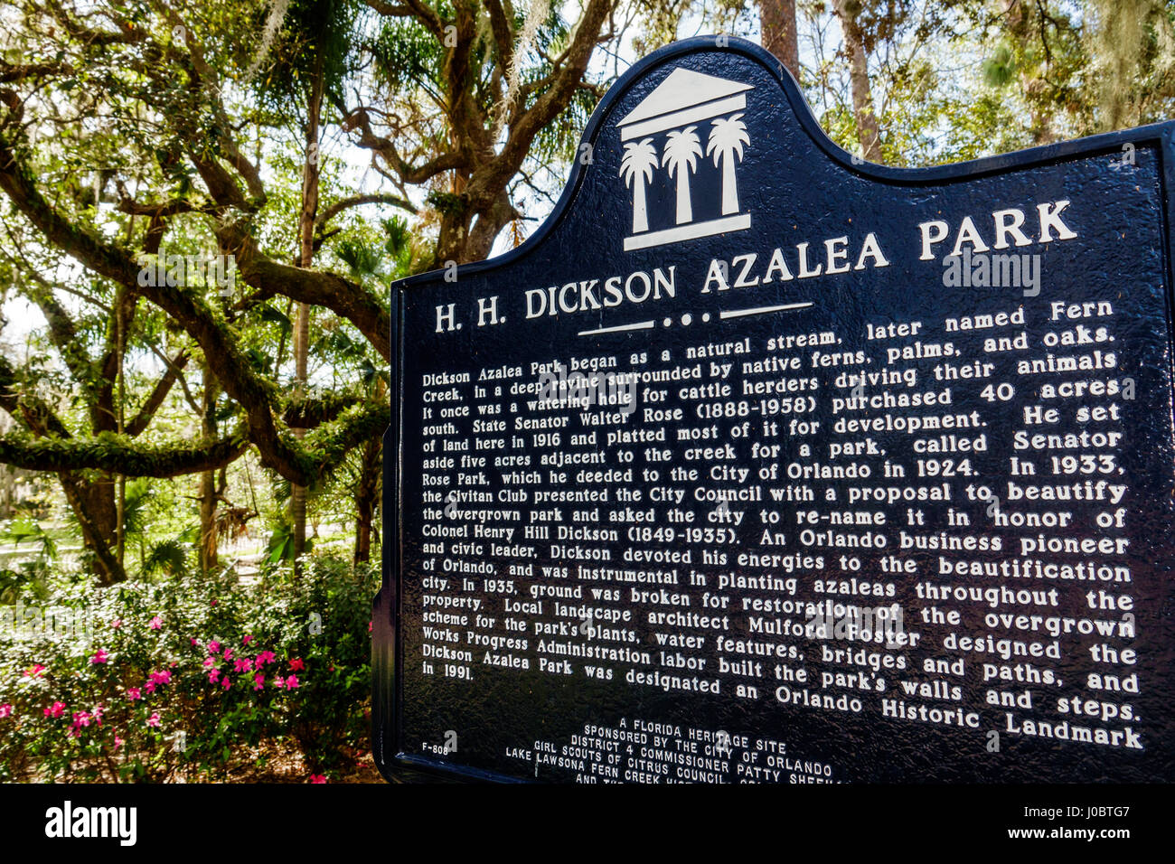 Orlando, Florida, H. Parco di H. Dickson Azalea, punto di riferimento storico, progetto WPA, marcatore, paesaggio, piante di quercia vive, FL170222169 Foto Stock