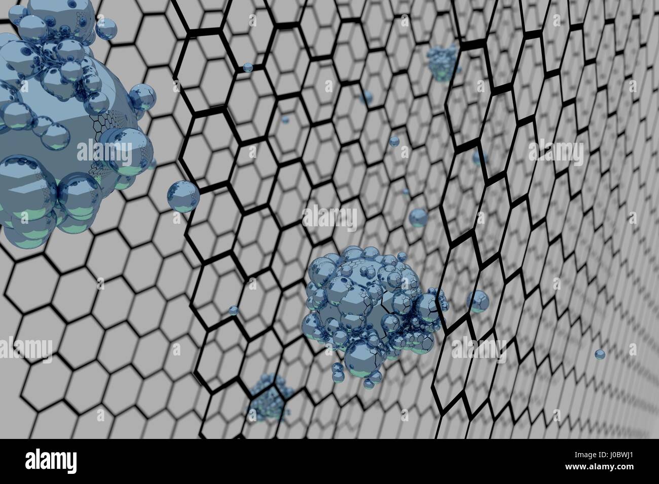 3D render illustrazione del grafene struttura atomica - nanotecnologie illustrazione dello sfondo Foto Stock