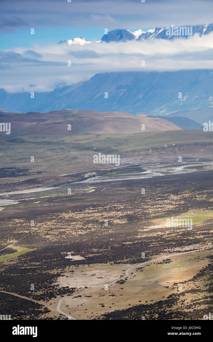 Vista la steppa della Patagonia, parco nazionale Torres del Paine, Patagonia, Cile Foto Stock