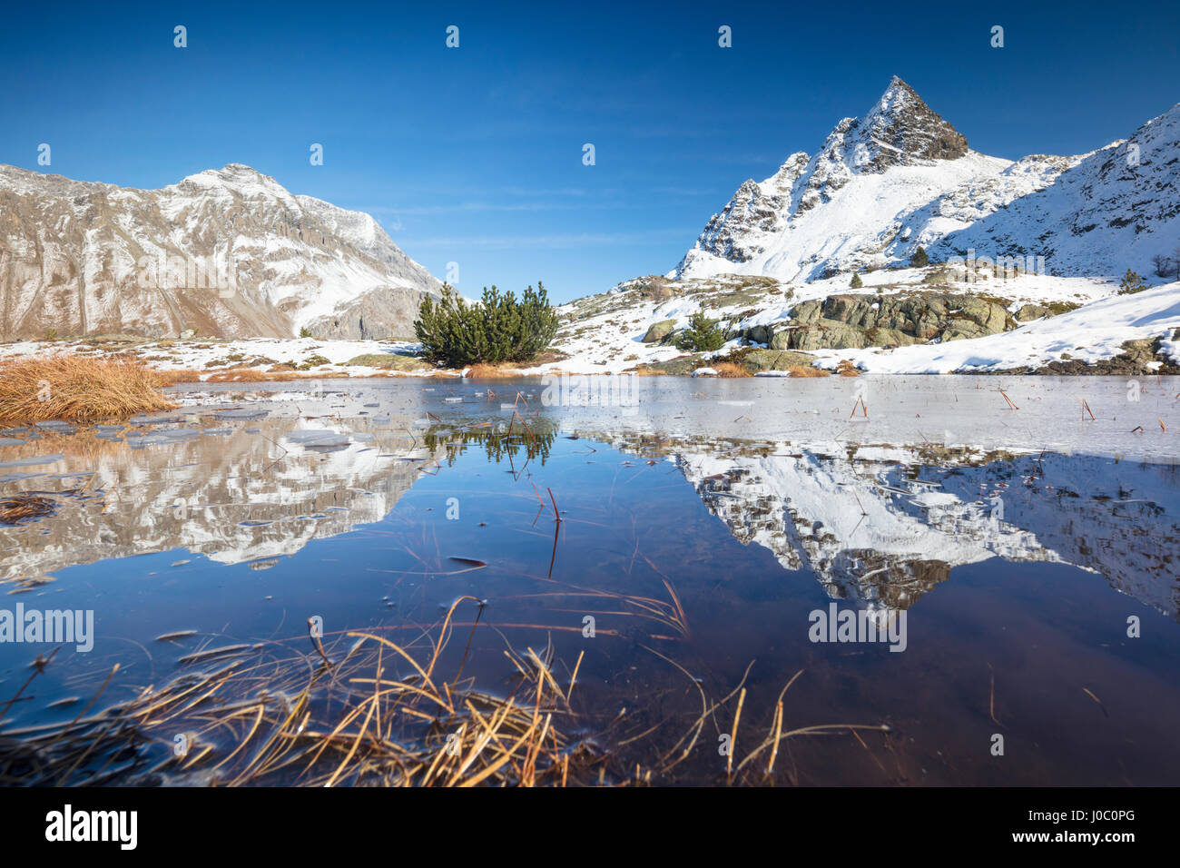 Vette innevate sono riflesse nel lago alpino parzialmente congelato, Lejets Crap Alv del Cantone dei Grigioni, Engadina, Svizzera Foto Stock