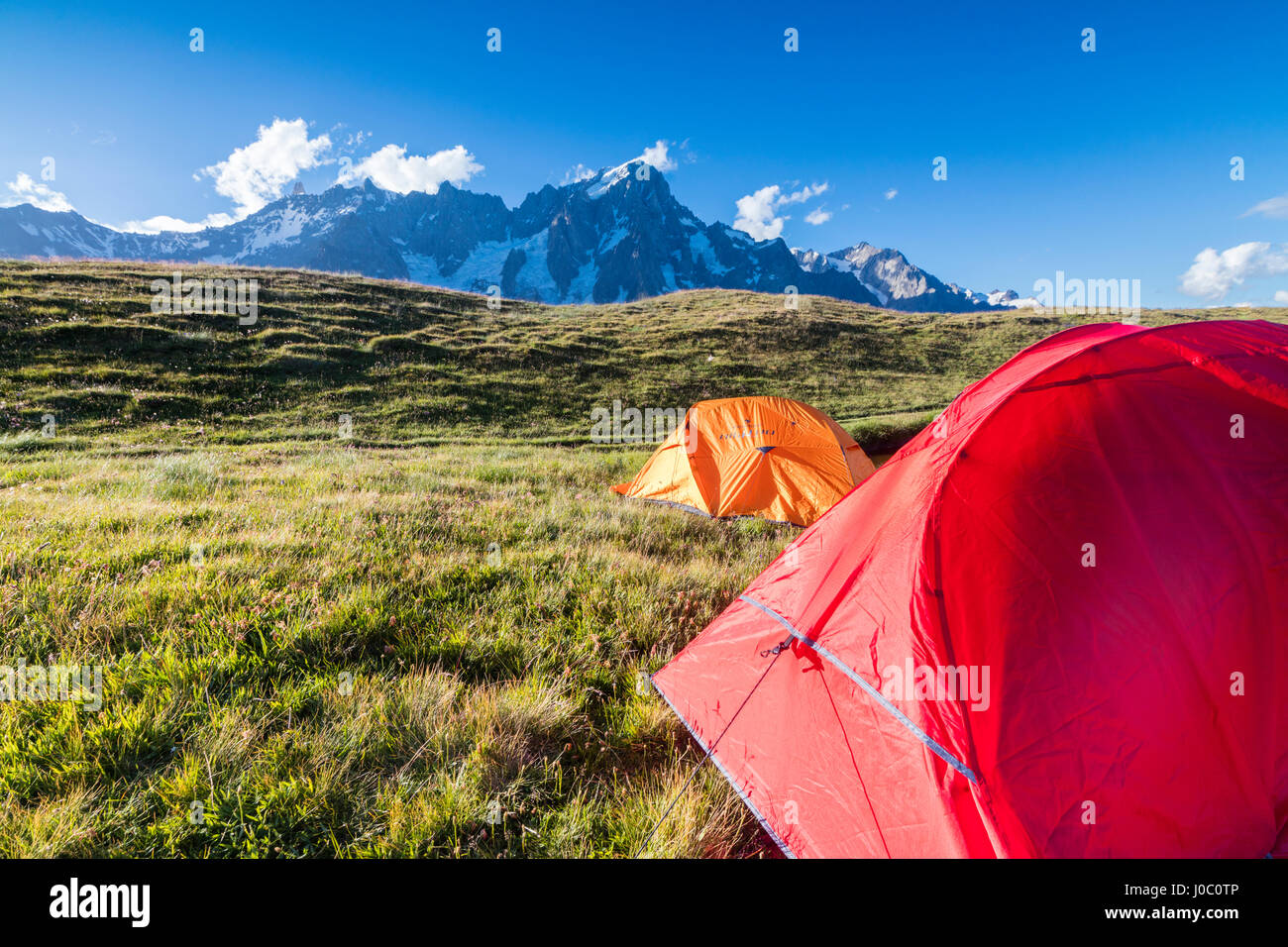 Tende da campeggio nel verde dei prati con Mont De La Saxe in background, Courmayeur, in Valle d'Aosta, Italia Foto Stock