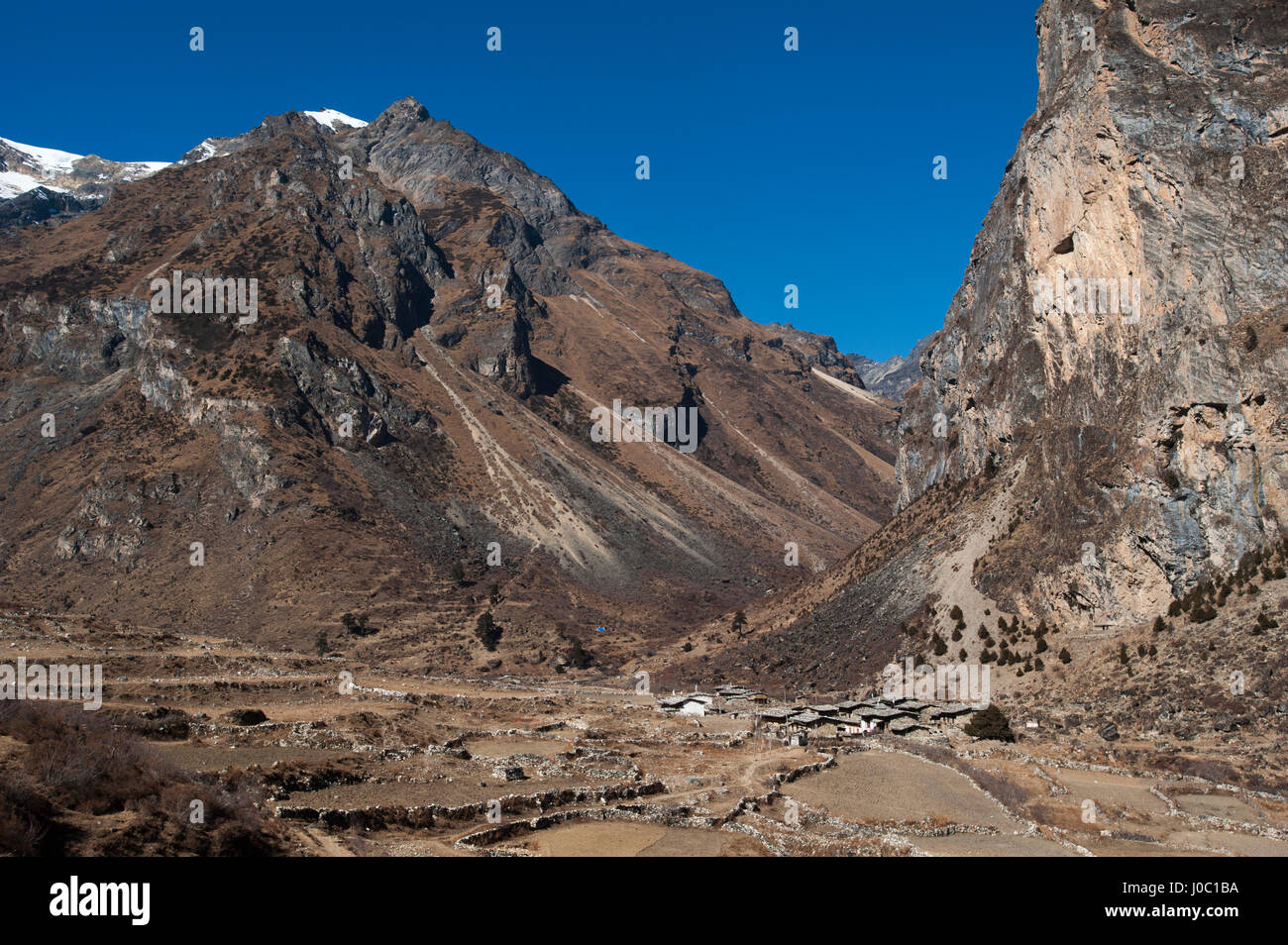 Villaggio Goyul tra Lingzhi e Chebisa lungo la Laya-Gasa percorso di trekking, Thimpu distretto, Bhutan, Himalaya, Asia Foto Stock