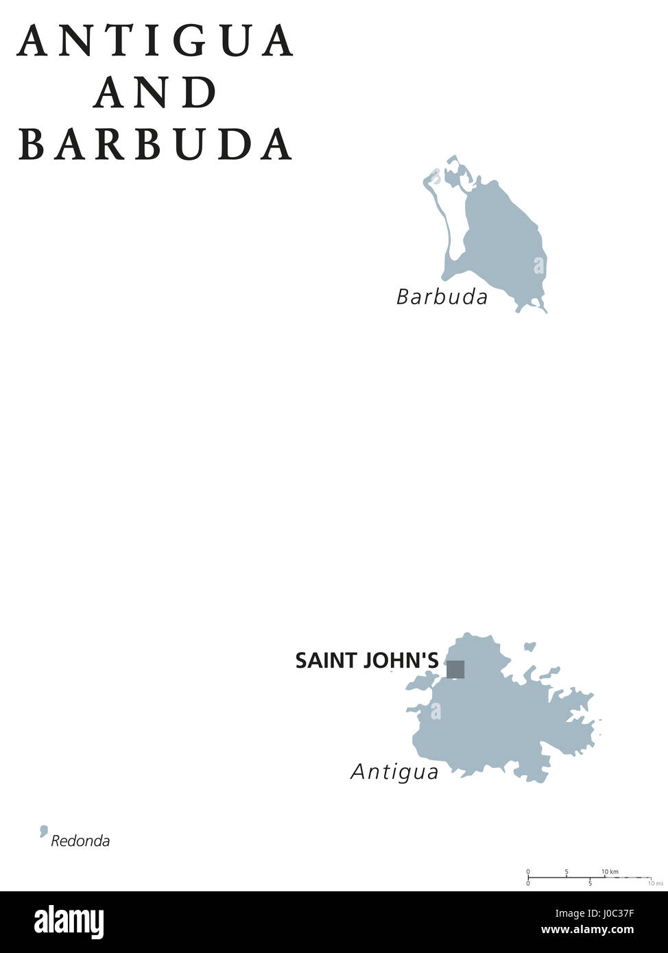 Antigua e Barbuda mappa politico con capitale Saint Johns. Caraibi twin-isola il paese. Parte delle Piccole Antille ed Isole Sottovento. Foto Stock
