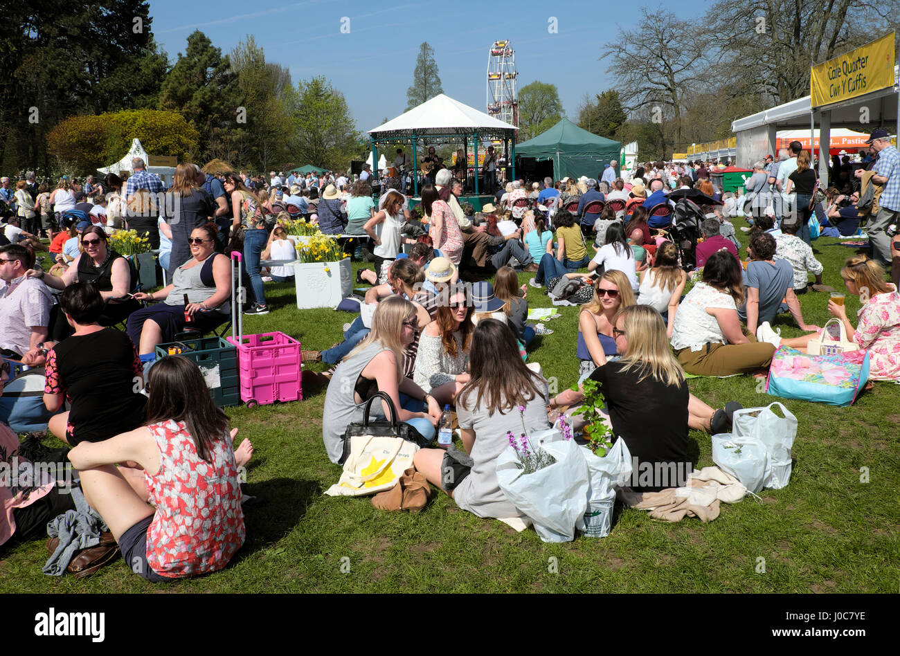 La folla di persone rilassarsi sul prato dal palco per spettacoli in Bute Park al primo RHS flower show dell'anno 2017 in Cardiff Wales UK KATHY DEWITT Foto Stock