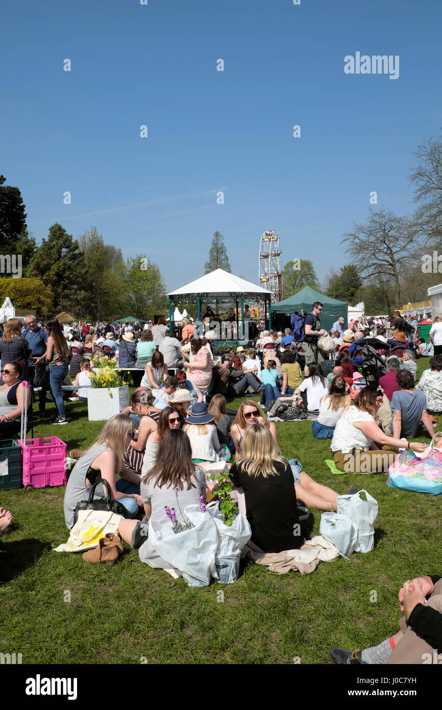 Una folla di donne che si rilassano sul prato presso il banco del Bute Park al primo spettacolo di fiori RHS dell'anno 2017 a Cardiff Galles UK KATHY DEWITT Foto Stock