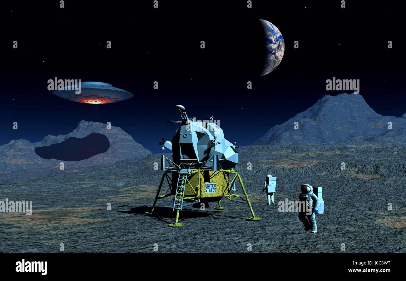 Teorici della cospirazione Stato che l'equipaggio dell'Apollo 11 , ha incontrato gli UFO & alieni mentre sulla missione lunare. Foto Stock