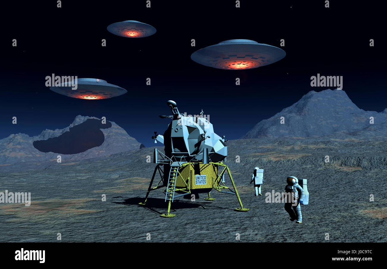 Teorici della cospirazione Stato che l'equipaggio dell'Apollo 11 , ha incontrato gli UFO & alieni mentre sulla missione lunare. Foto Stock