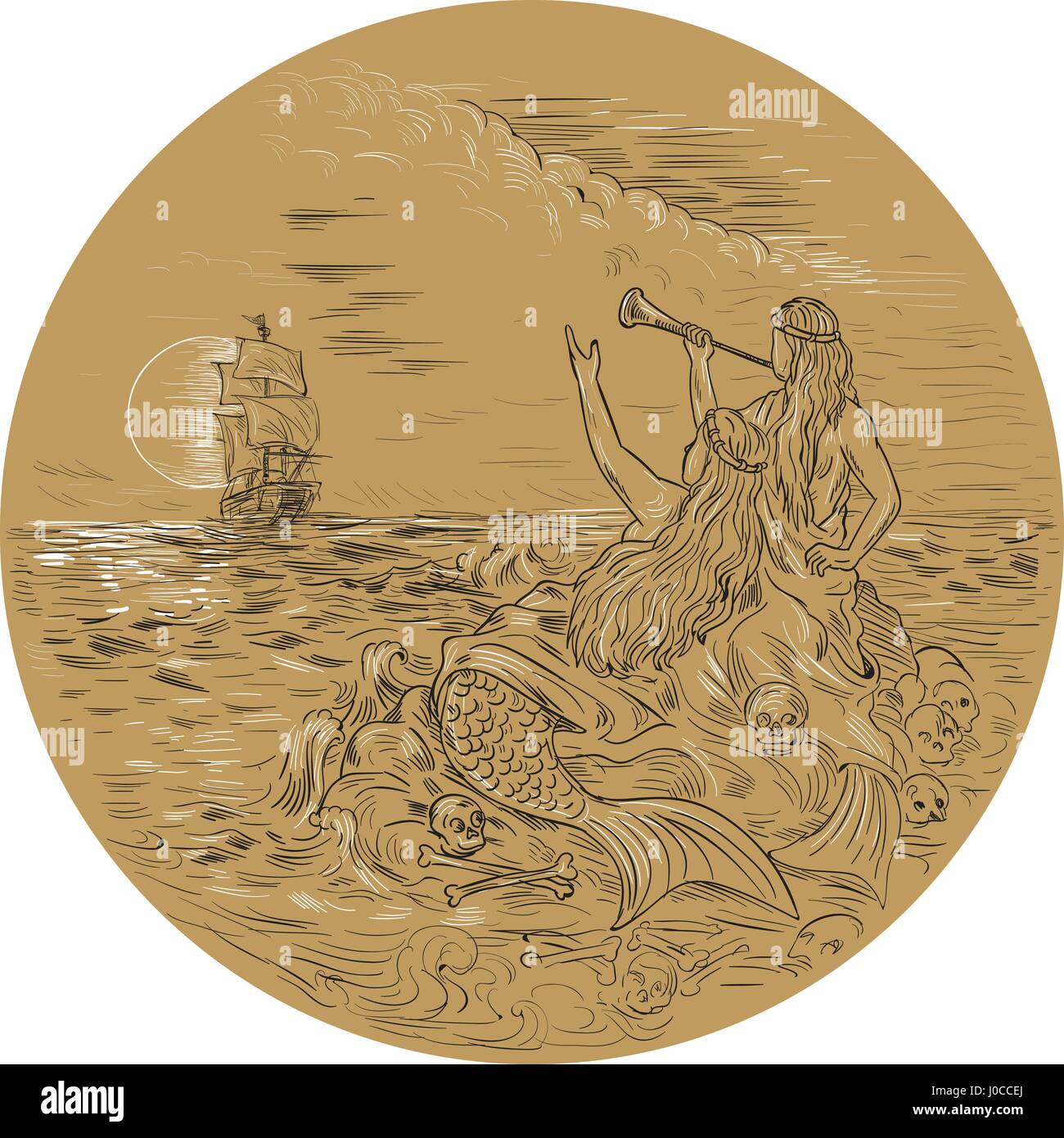 Disegno stile sketch illustrazione di due sirene in un'isola sventolando chiamando un tall ship impostato all'interno del cerchio con la luna piena in background. Illustrazione Vettoriale