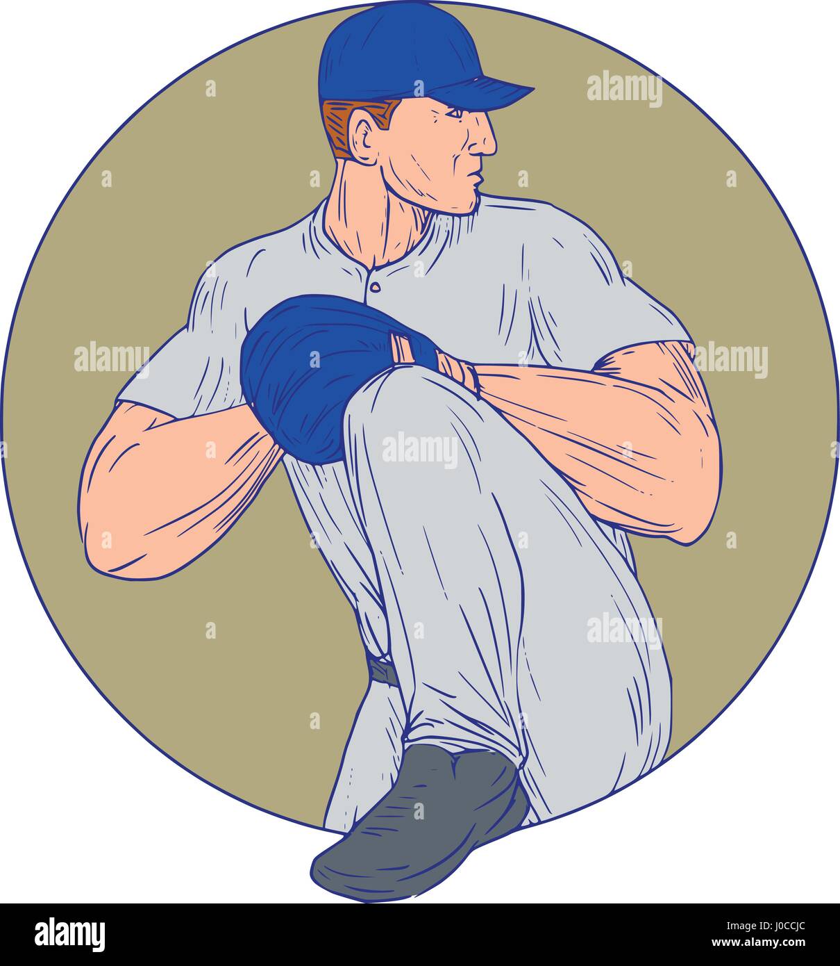 Disegno stile sketch illustrazione di un american giocatore di baseball pitcher outfilelder circa a lanciare una palla visto dal lato impostato all'interno del cerchio su i Illustrazione Vettoriale