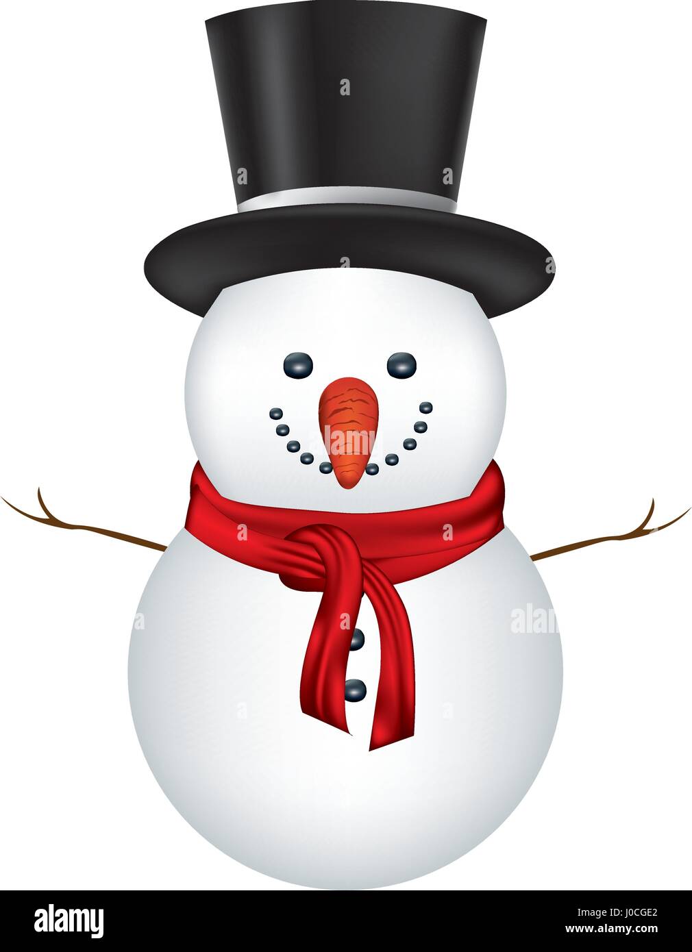 Pupazzo di neve con cappello nero e sciarpa in sfondo bianco Immagine e  Vettoriale - Alamy