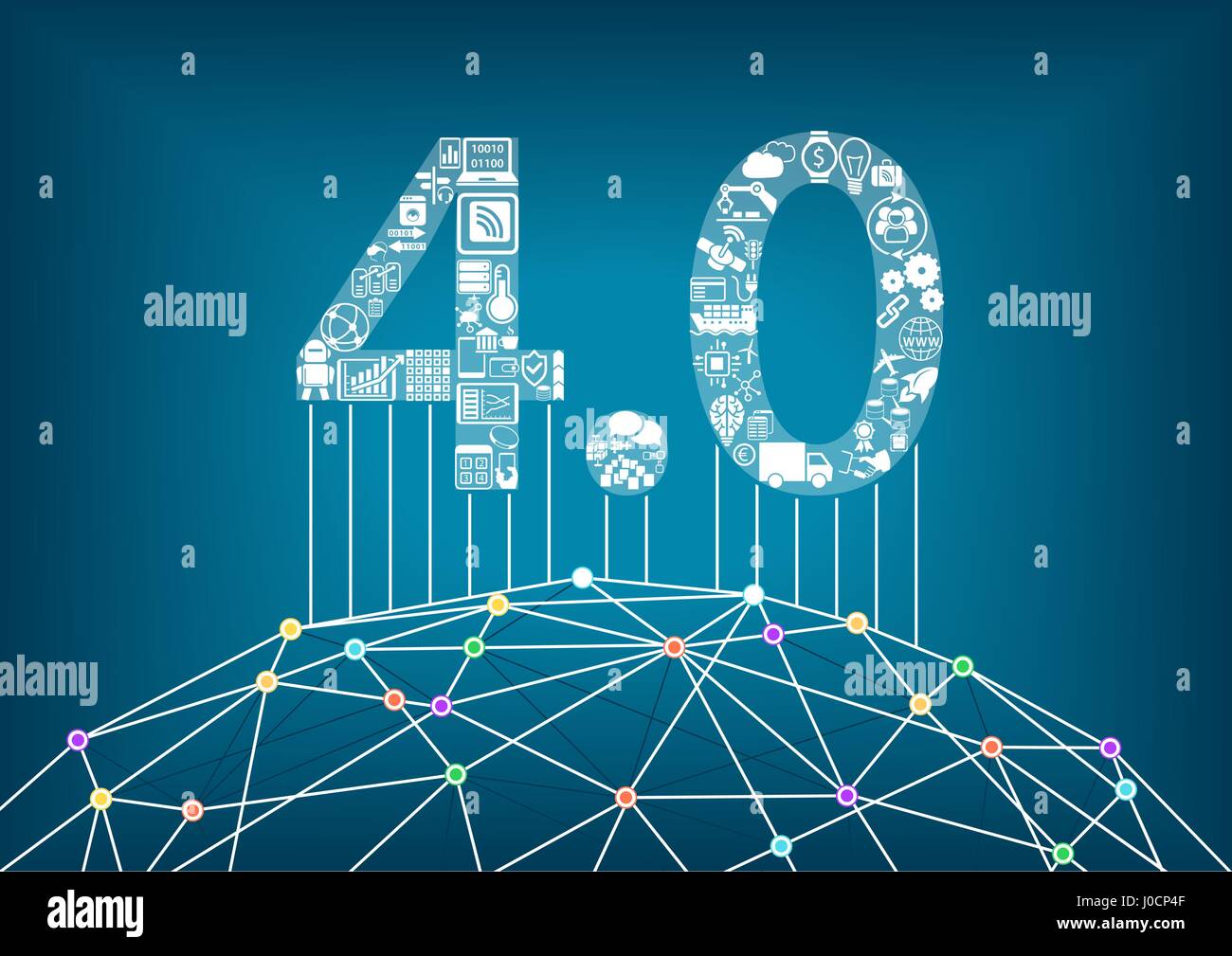 L'industria 4.0 e internet industriale di cose concetto con illustrazione vettoriale di un connesso mondo digitale Illustrazione Vettoriale