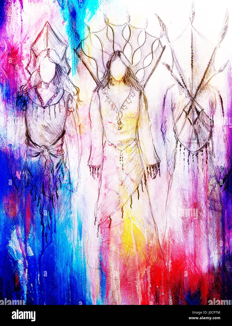 Schizzo di donna mistica nel bel vestito ispirato da medio evo design. Effetto colore. Foto Stock