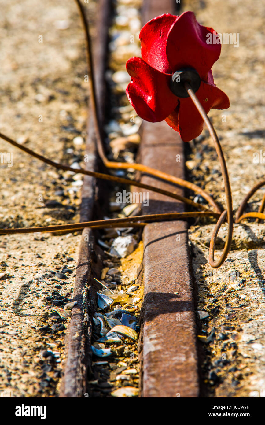 "Poppies: Wave" è una delle due sezioni dell'installazione artistica "Blood Swept Lands and Seas of Red". L'artista dell'opera - Paul Cummins - ha aperto oggi la sezione Wave su Barge Pier a Shoeburyness, Essex, Regno Unito Foto Stock