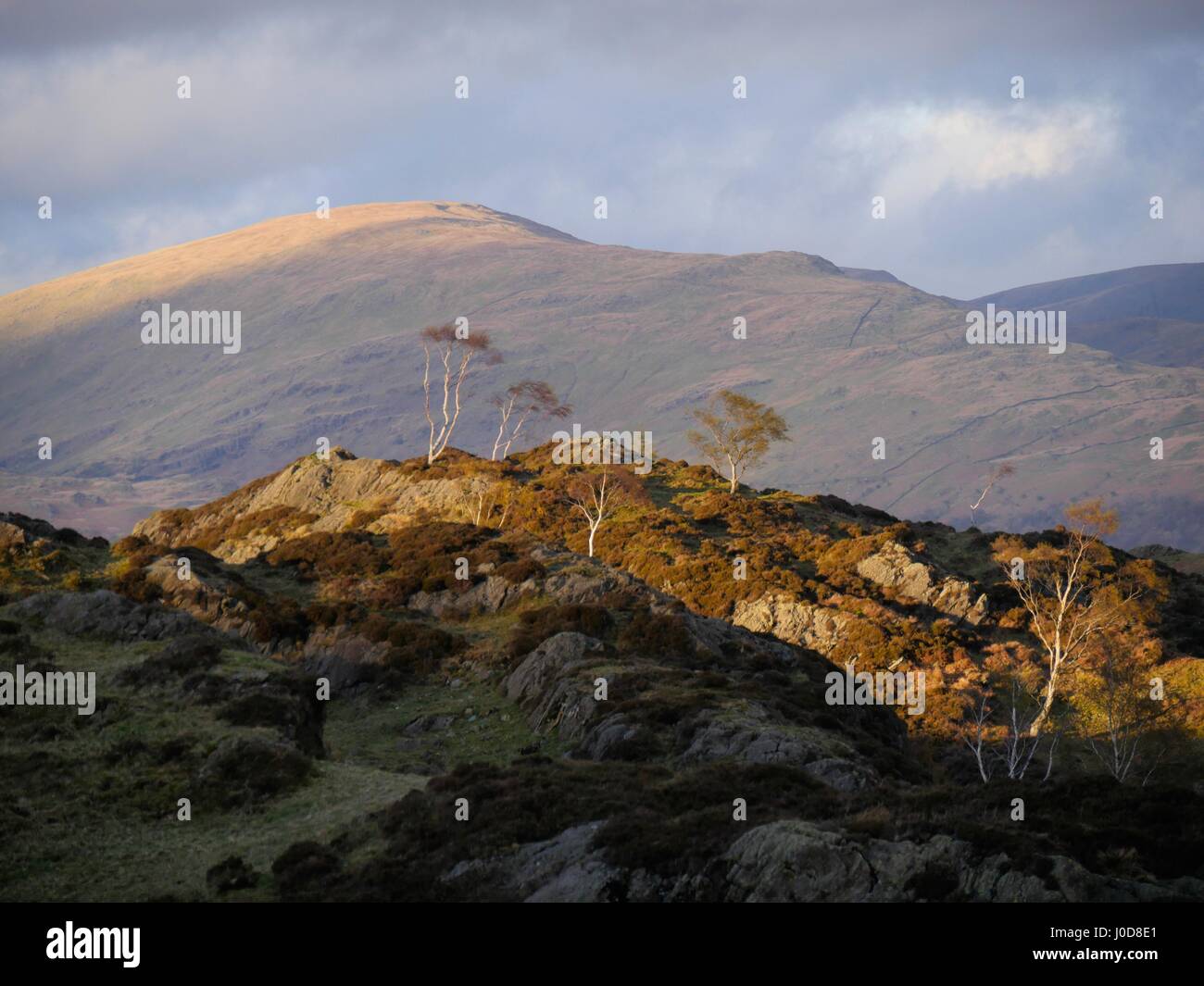 Holme cadde vicino a Coniston, Cumbria, Regno Unito. Xii Apr, 2017. La cortina di nubi meteo ha breve scorci del tardo pomeriggio la luce del sole che bagna le montagne del distretto del lago. © DTNews/Alamy Live Credito: Dan Tucker/Alamy Live News Foto Stock