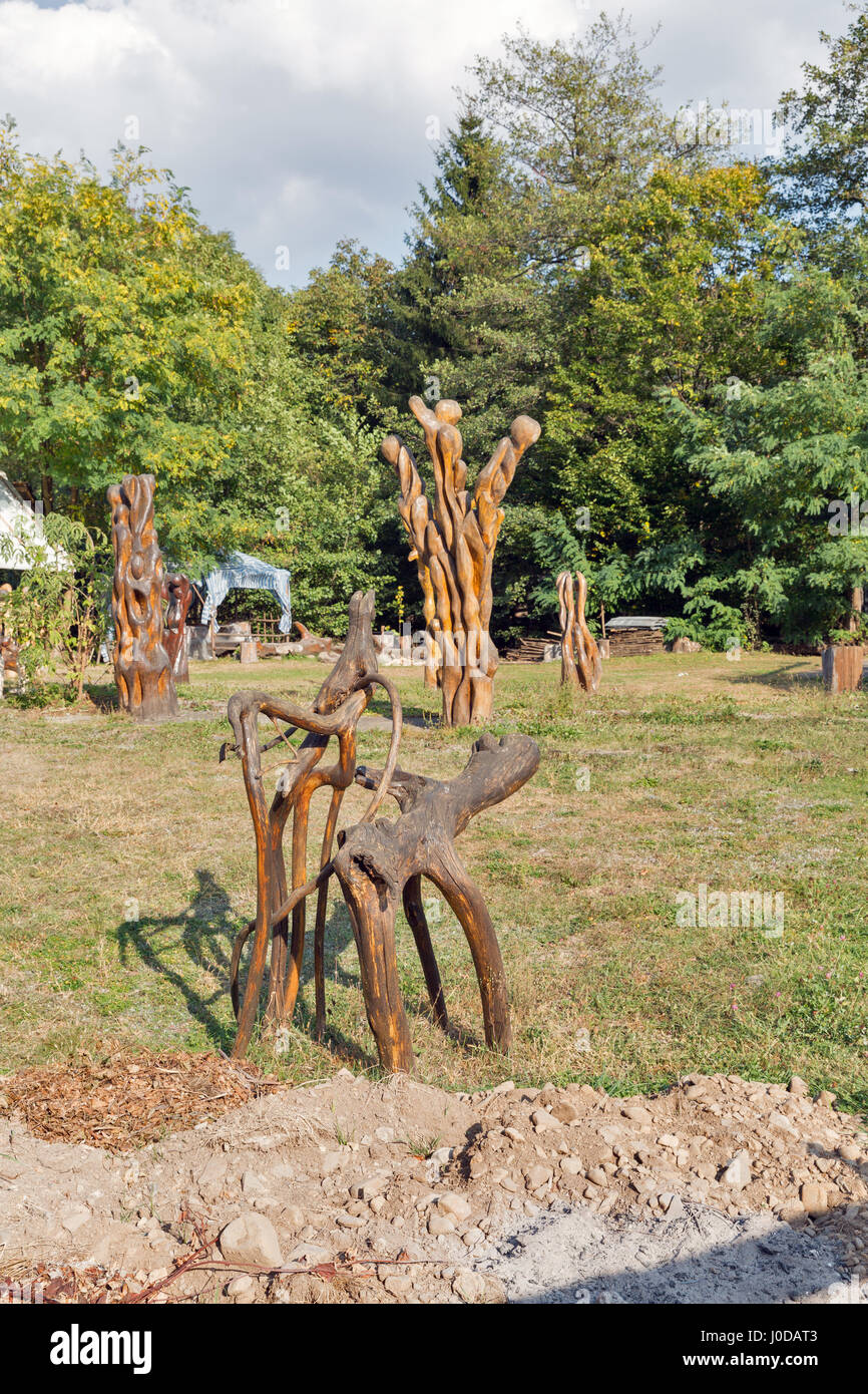 CHYNADIEVO, Ucraina - Ottobre 01, 2016: Outdoor art workshop con giardino in legno sculture di ignoti artisti locali nel Latorica River Valley, Zaka Foto Stock