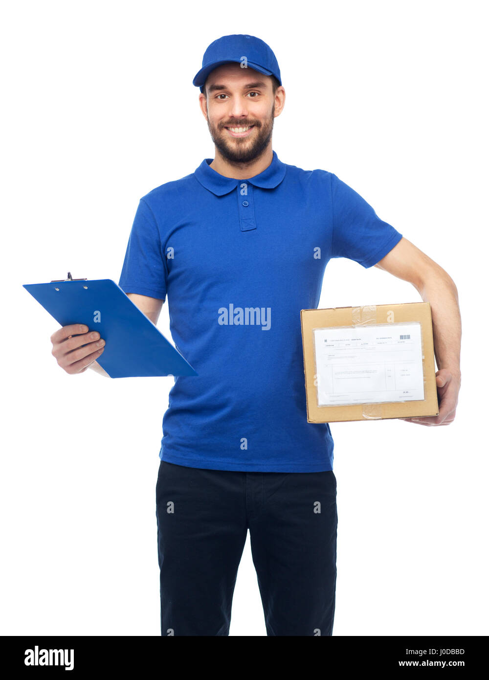 Felice l'uomo per la consegna di pacchi e scatola di appunti Foto Stock