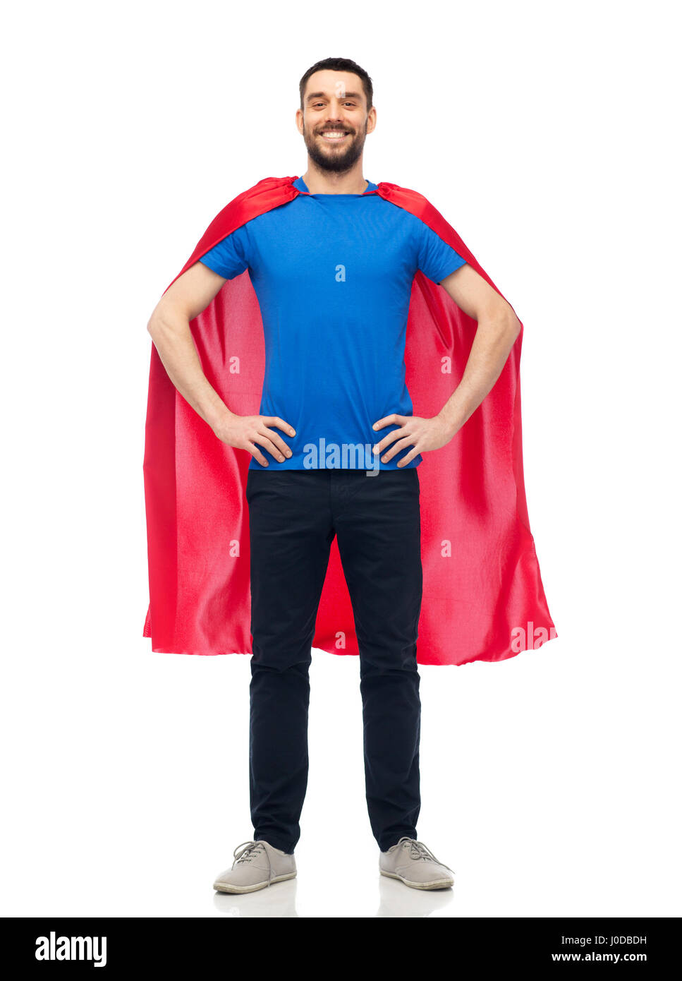 Uomo felice in rosso superhero cape Foto Stock