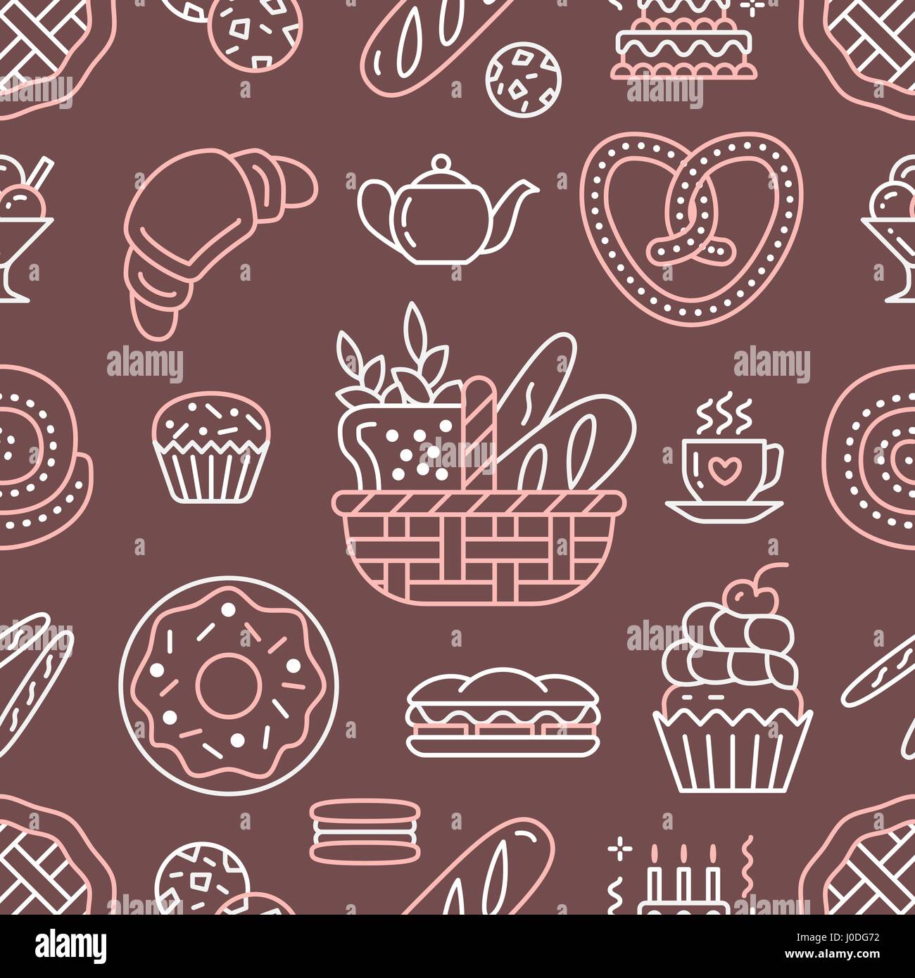 Panificio seamless pattern, cibo sfondo vettoriale di marrone, colore giallo. Prodotti dolciari sottile linea icone - torta, croissant, muffin, pasticceria, CUPC Illustrazione Vettoriale