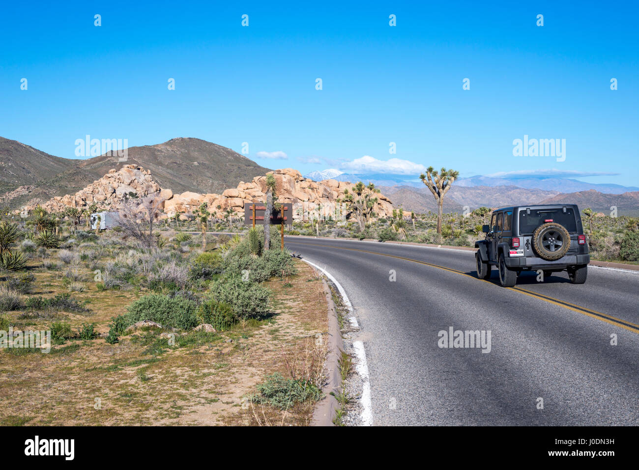 Il paesaggio del deserto e la strada che corre attraverso il parco nazionale di Joshua Tree, California, Stati Uniti d'America. Foto Stock