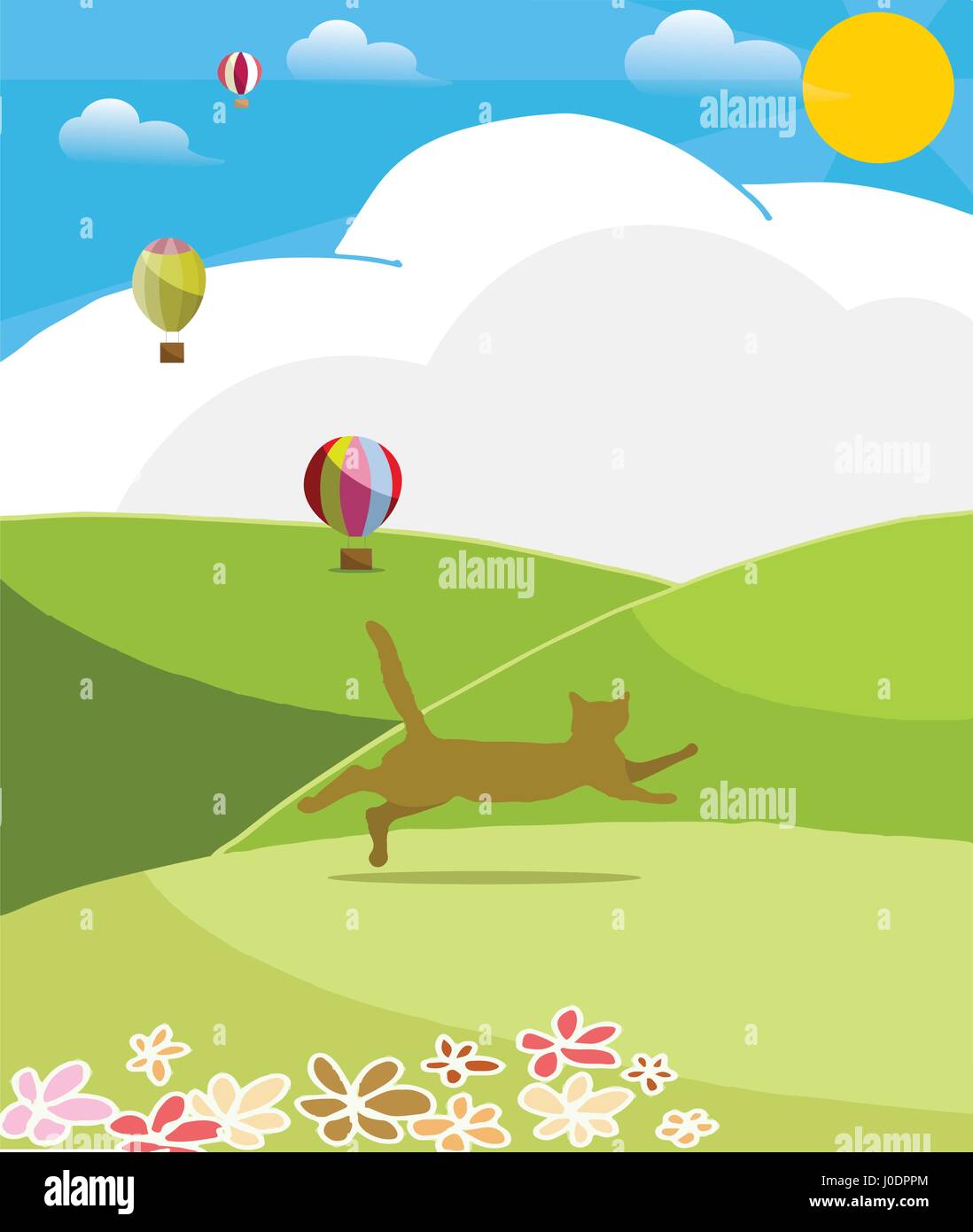 Happy cat run per le colline nella giornata di sole Illustrazione Vettoriale