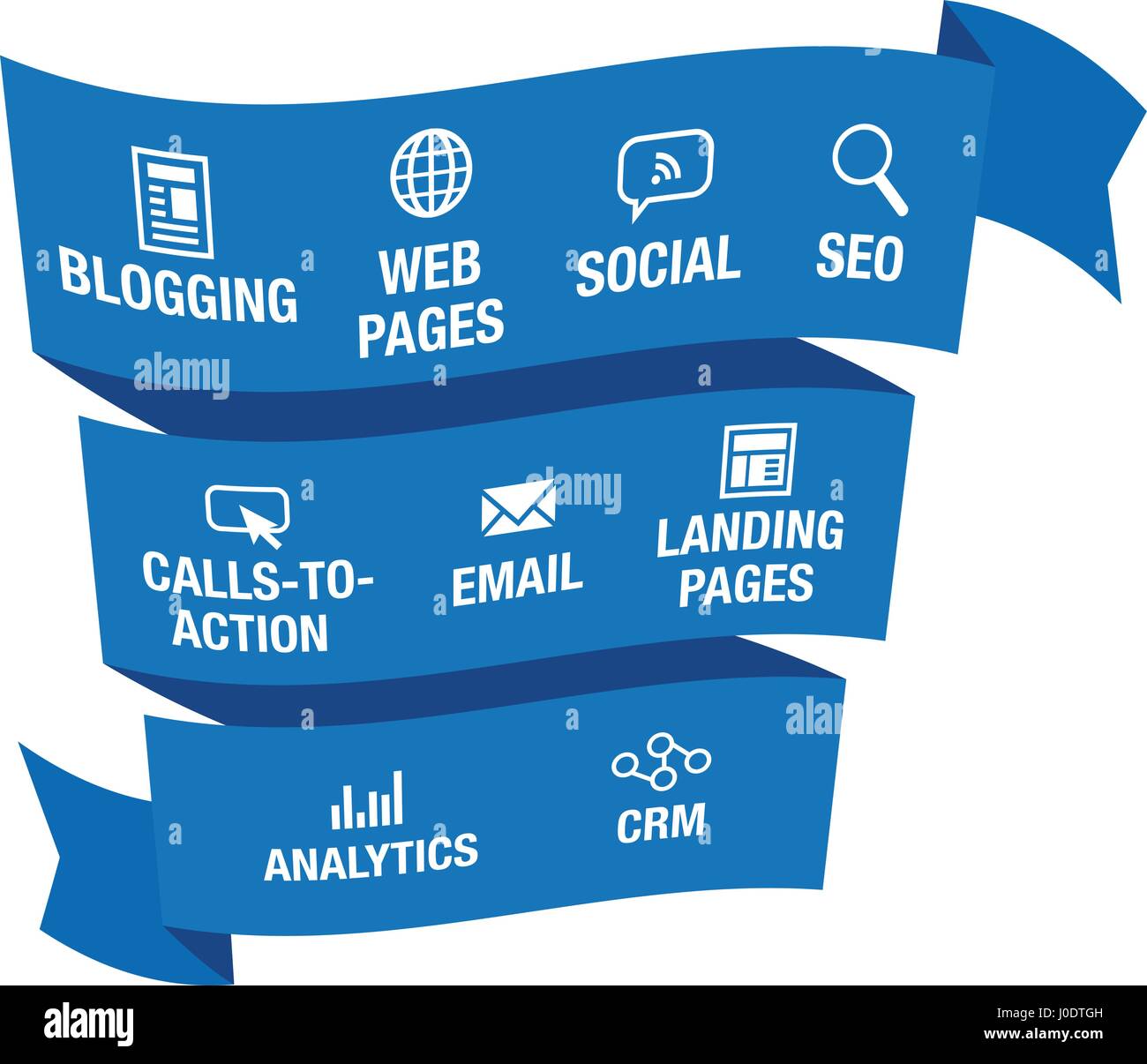 In entrata grafico di marketing con il blogging, pagine Web sociale, chiamata all azione o CTA, e-mail, pagina di atterraggio, analisi o il reporting & CRM icone vettoriali Illustrazione Vettoriale