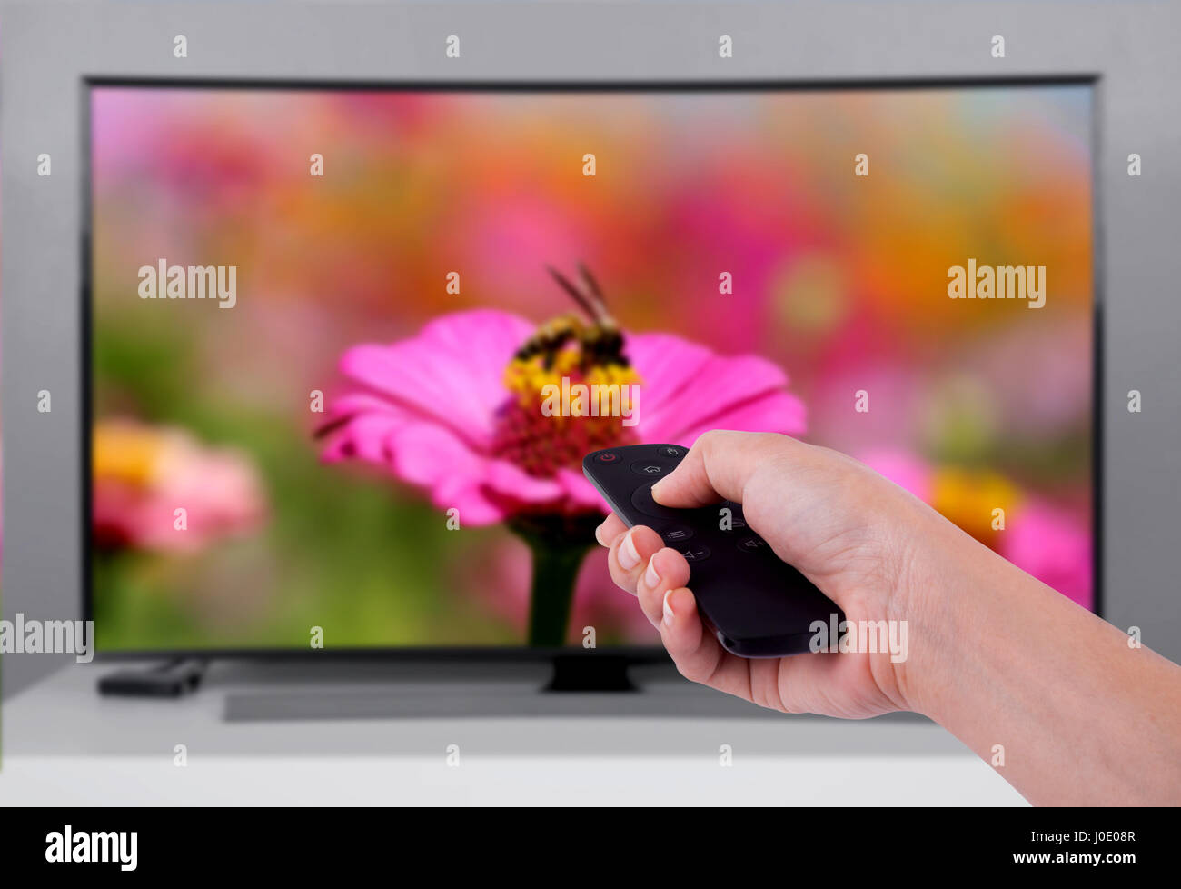 Mano che tiene il telecomando del TV con una televisione e natura schermata di sfondo Foto Stock