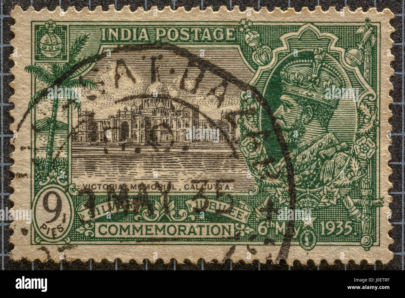 Silver Jubilee commemorazione 1935 francobollo 9 torte, Victoria Memorial, Calcutta, francobolli, India, Asia Foto Stock