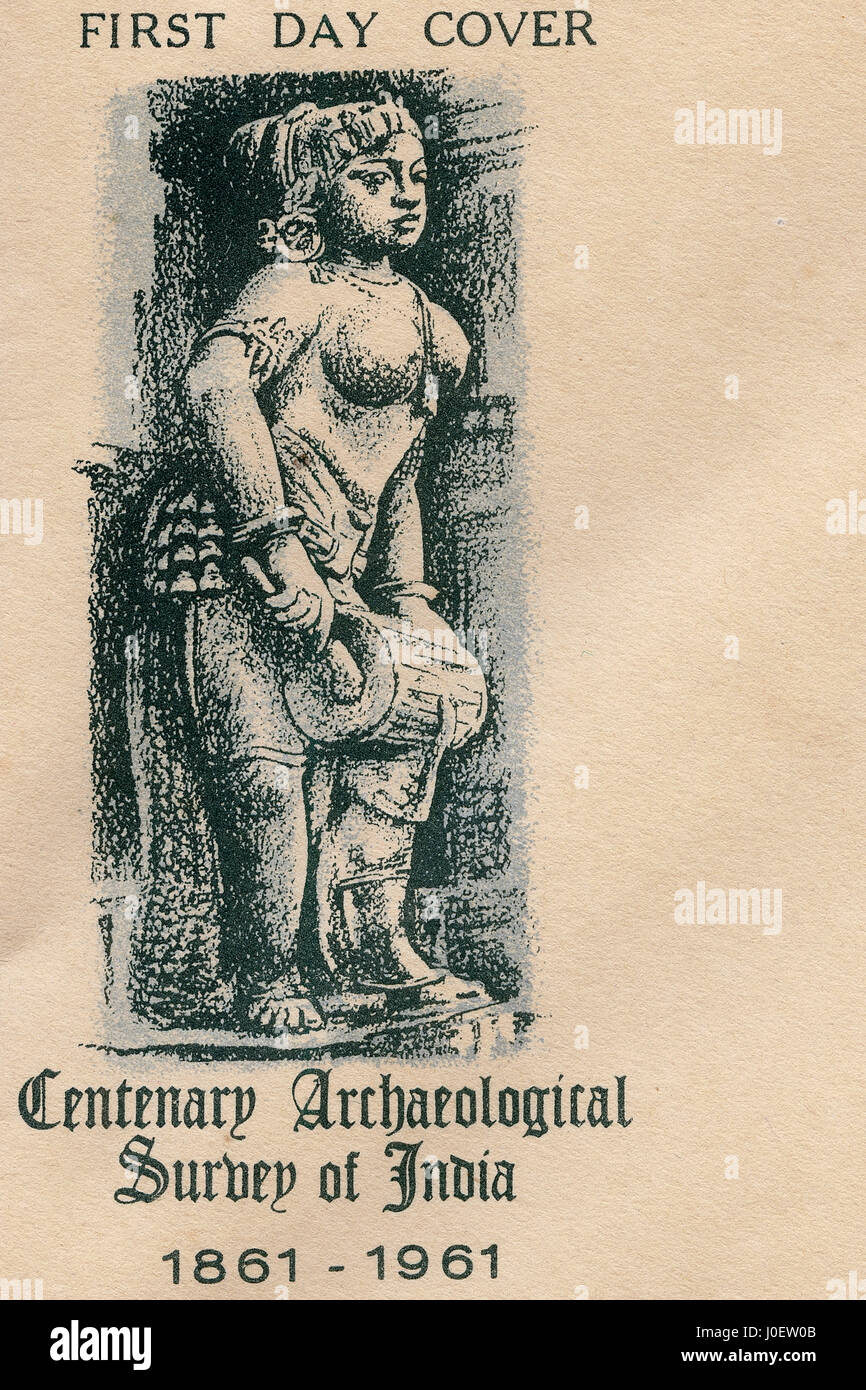 Primo giorno coperchio, Centenario survey archeologico statua, francobolli, India, Asia Foto Stock