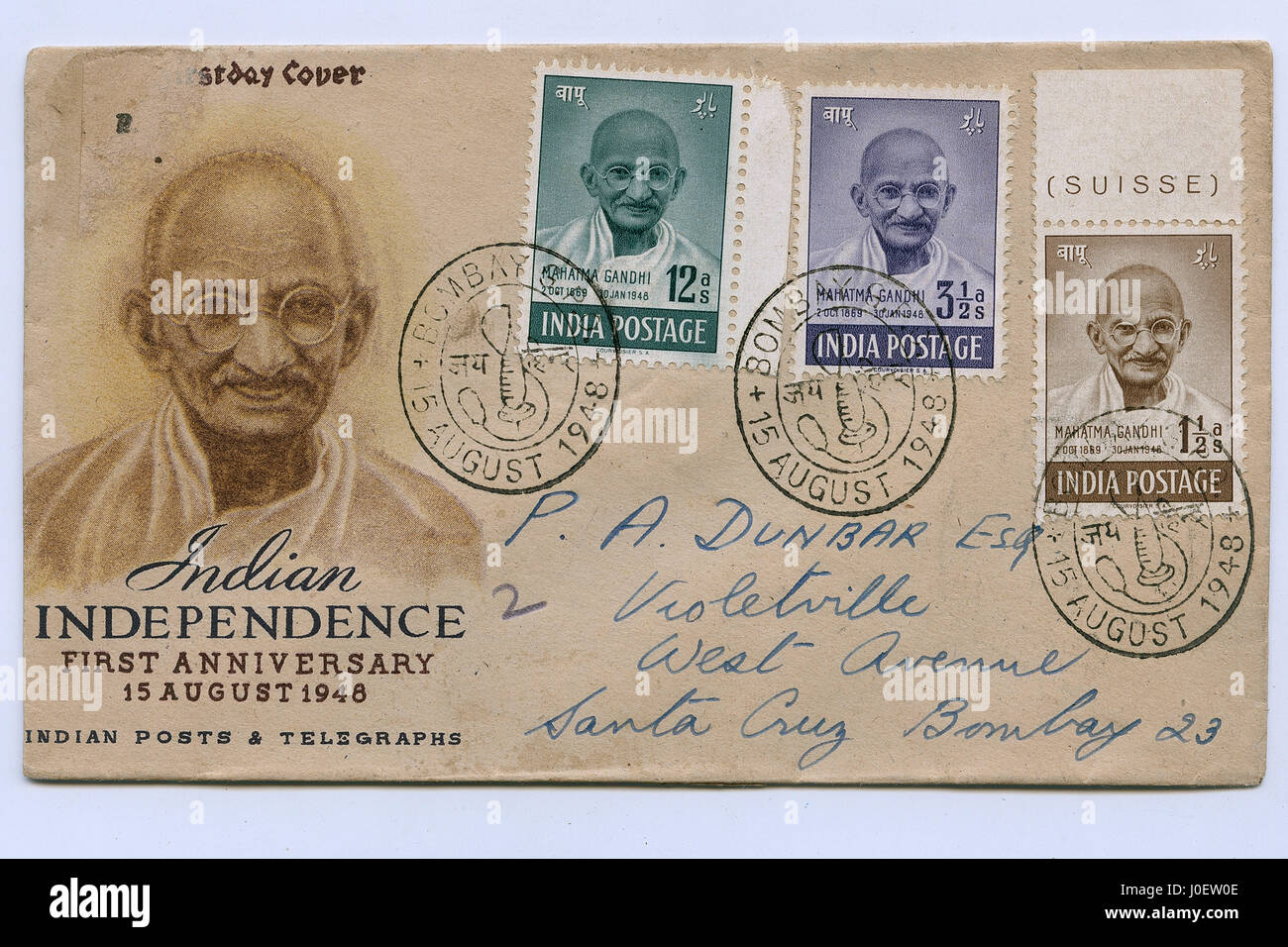 Primo giorno coperchio del Mahatma Gandhi, francobolli India, Asia Foto Stock