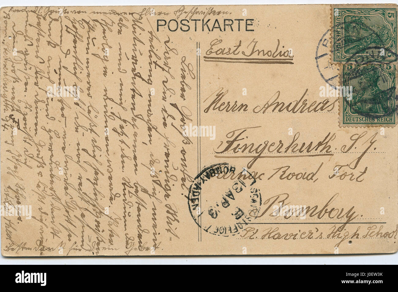Cartolina da Postkarte Germania francobolli da indirizzare a Fort Bombay India Asia Foto Stock
